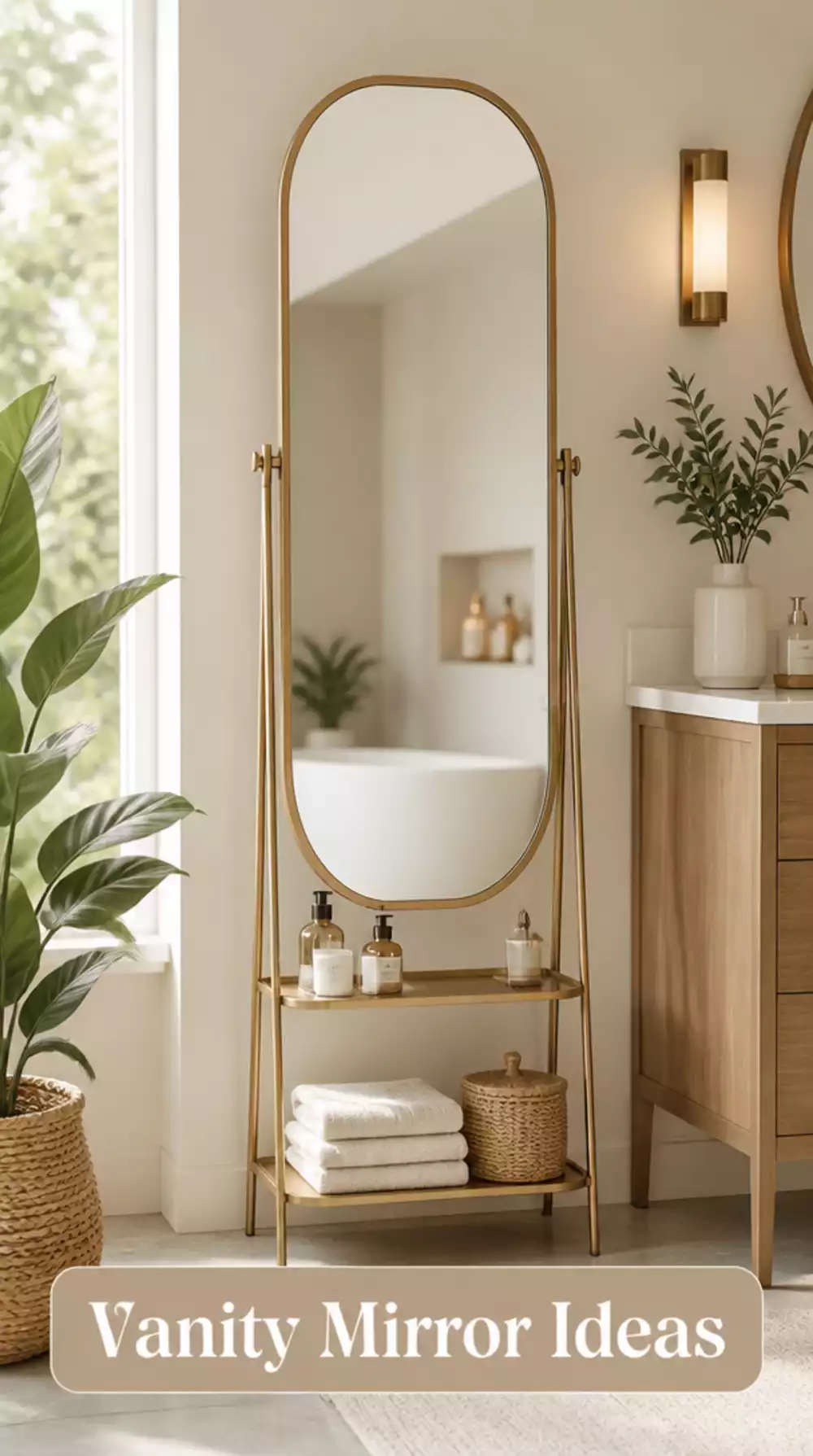 Renter Bathroom Freestanding Vanity Mirror with Storage Shelf Below