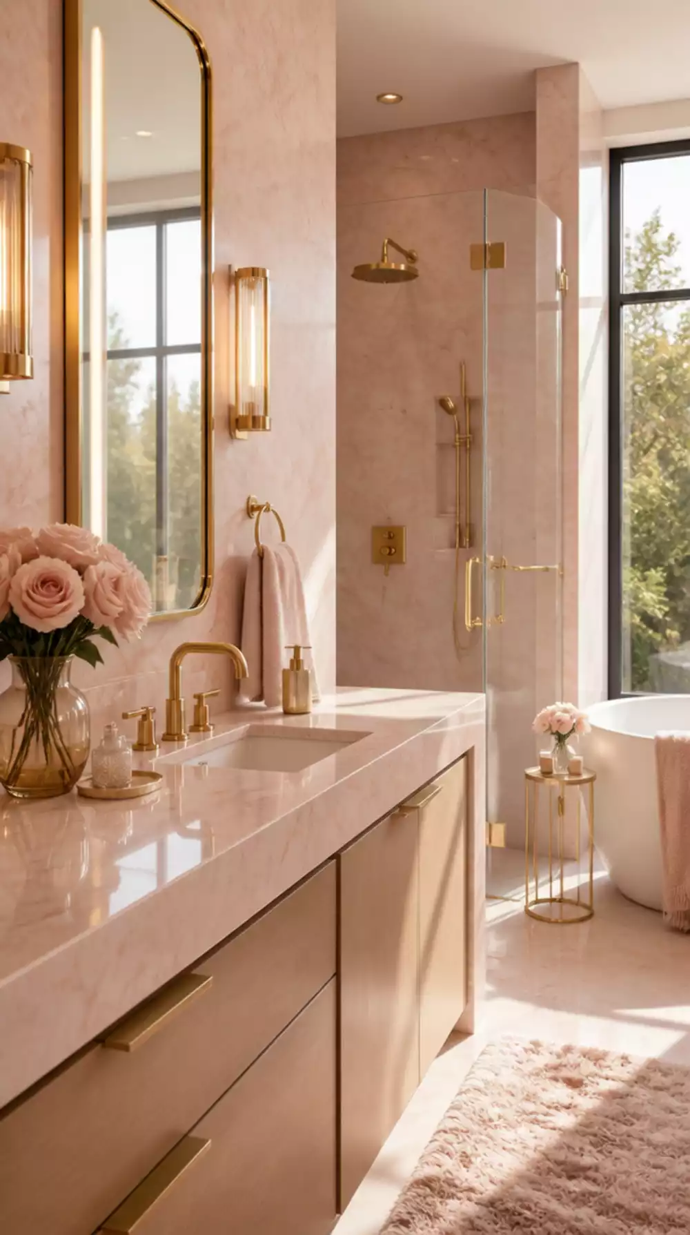 Bathroom Blush Pink Marble Tile with Brushed Gold Tap for a Soft Luxe Look