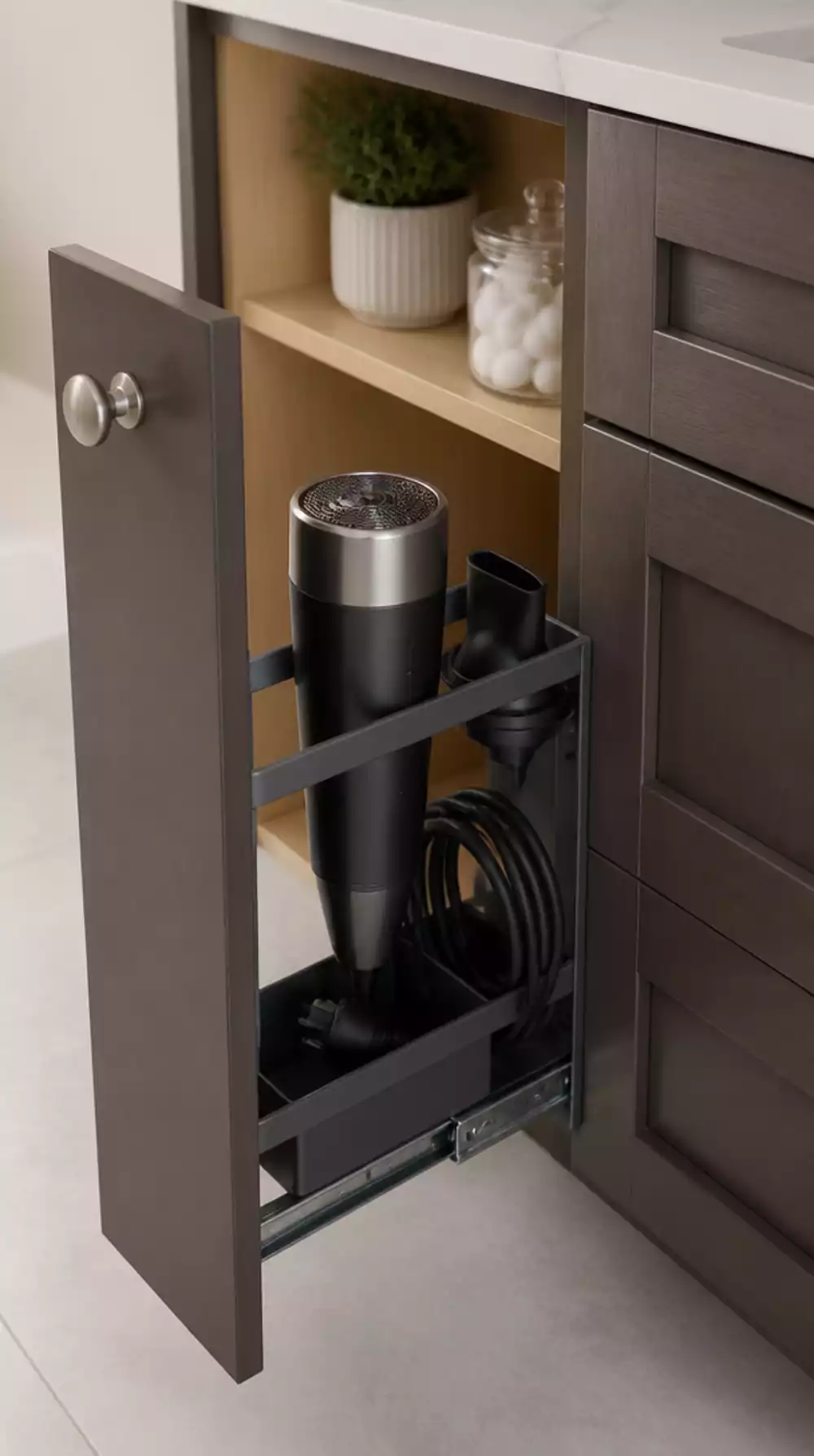 Bathroom Slim Cabinet Pull-Out Rail That Stores a Hair Dryer Vertically Inside