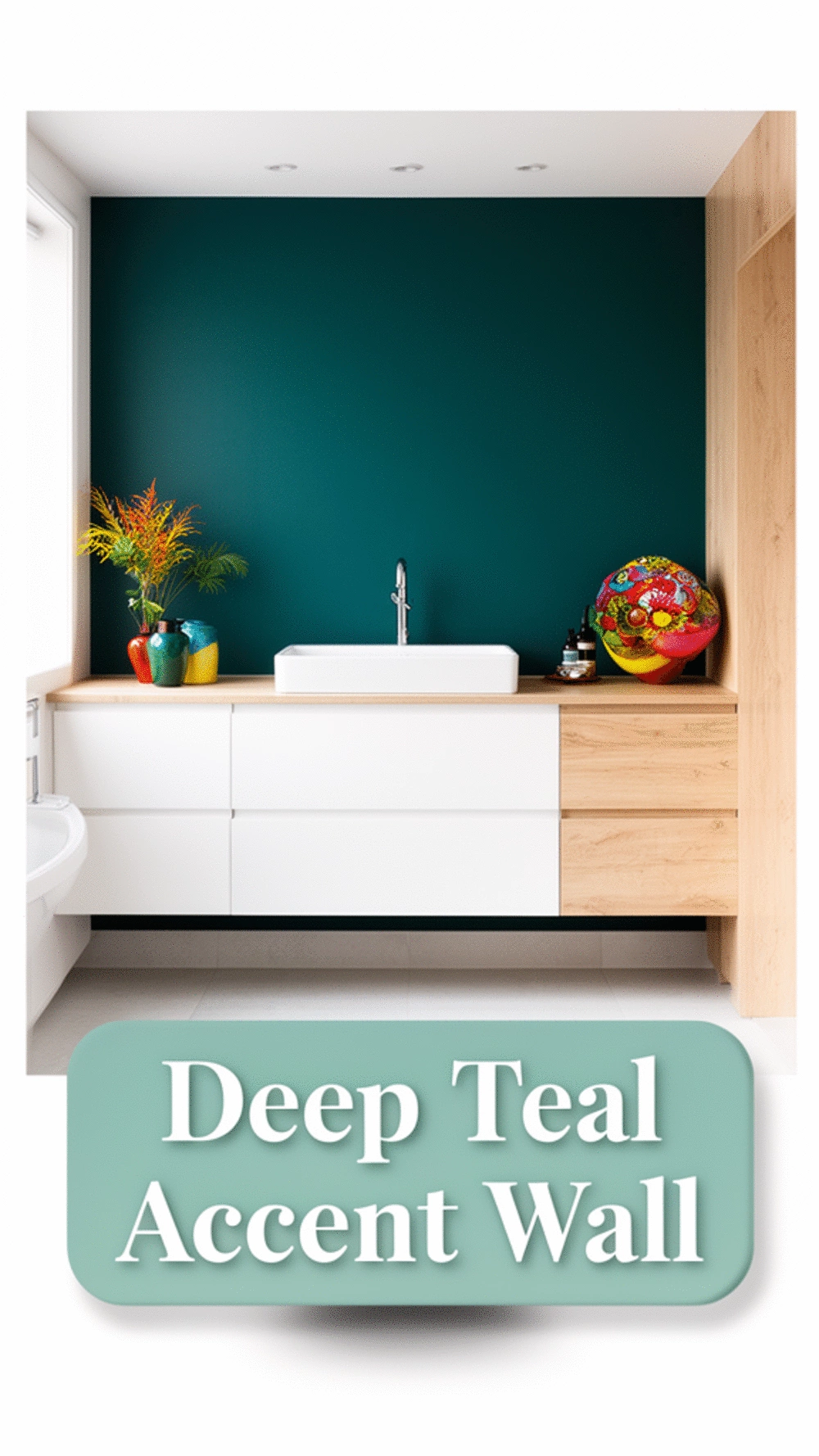 Bathroom Deep Teal Paint on a Single Accent Wall Behind a White Vanity