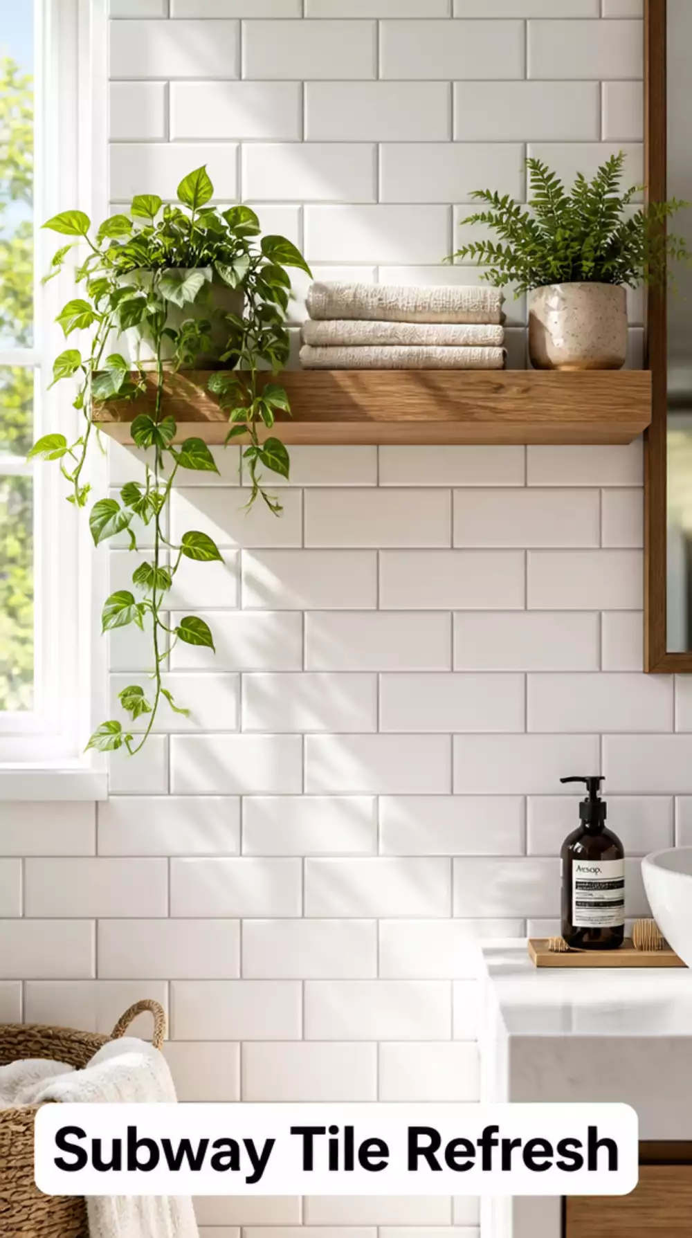 Clean White Subway Tile Bathroom with Light Grey Grout and Wood Shelf