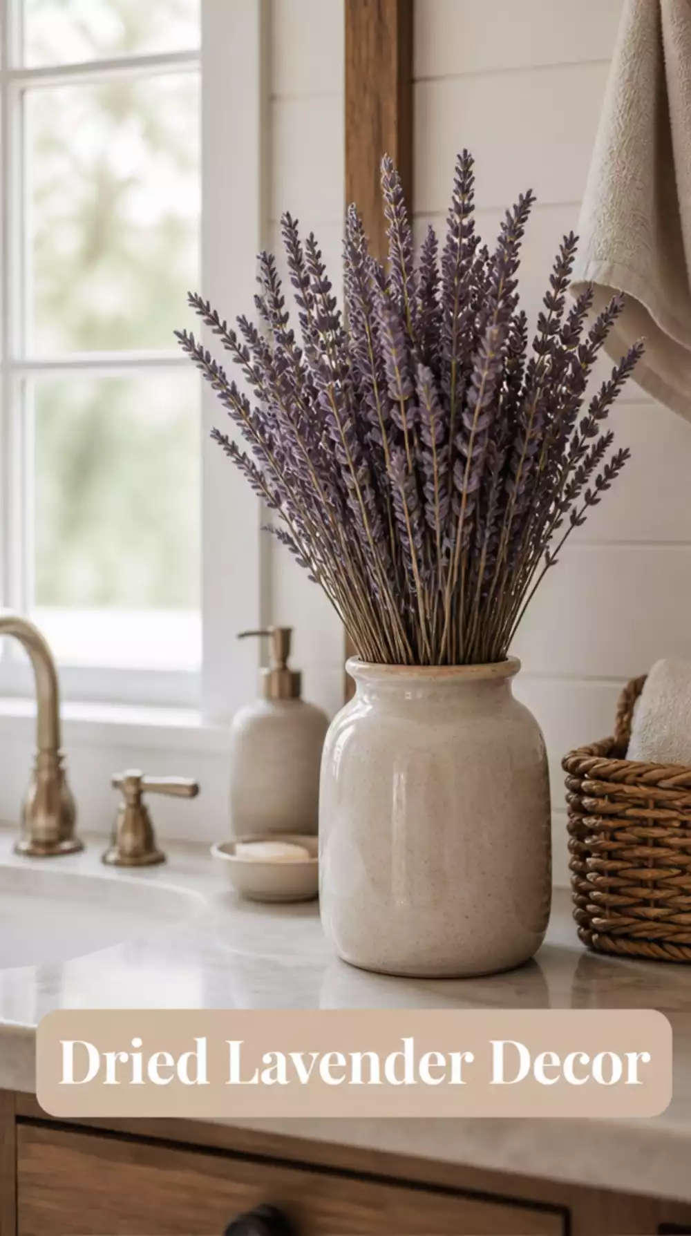 Bathroom Dried Lavender Bundle in a Ceramic Vase That Scents a Vanity Corner