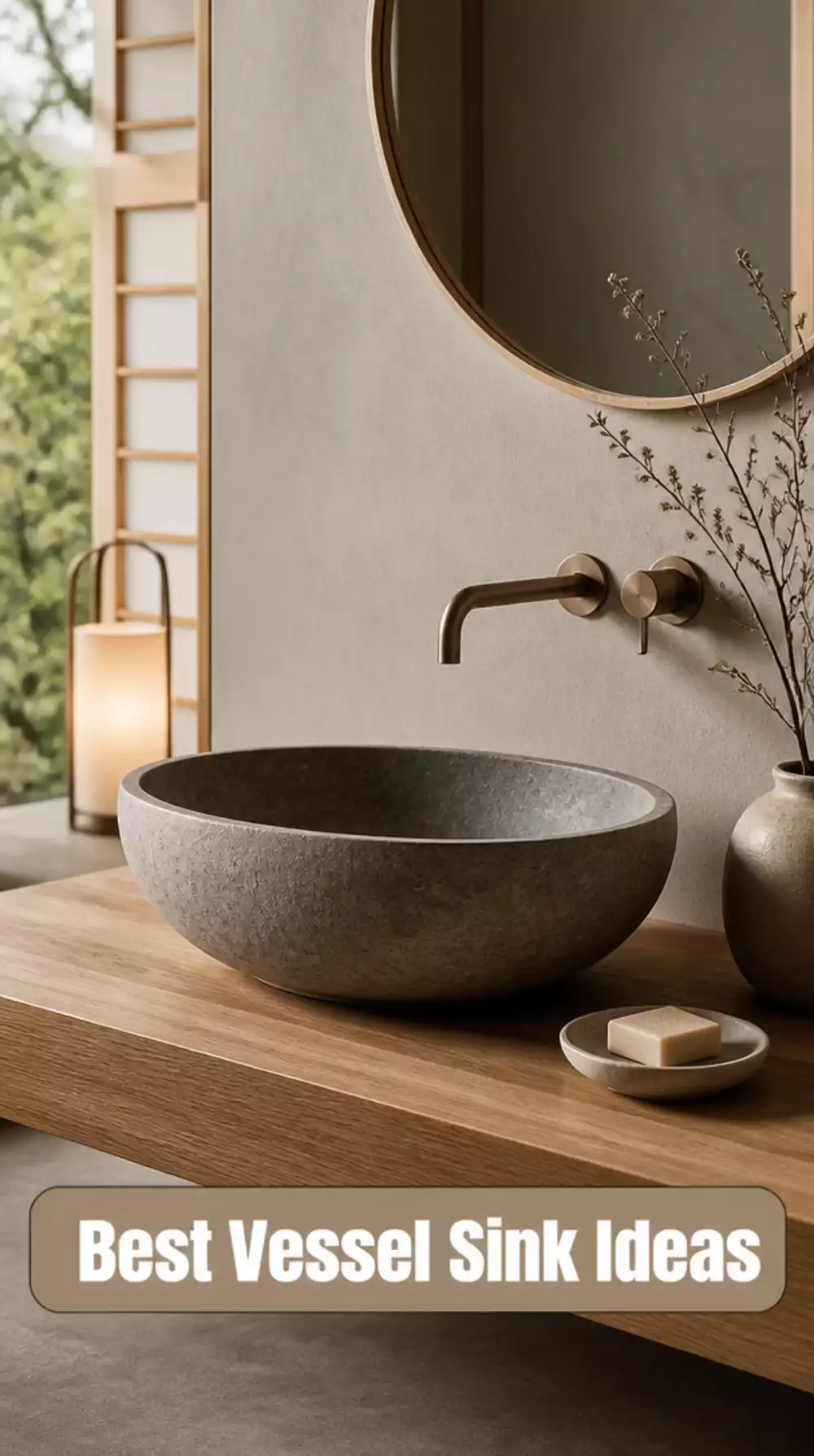 Bathroom Matte Stone Vessel Sink That Sits on a Simple Floating Wood Slab