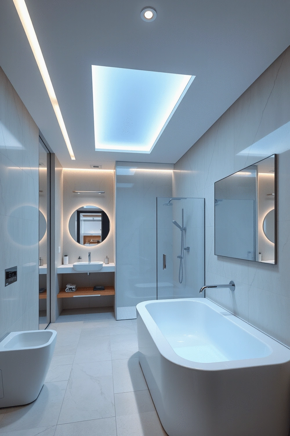 Modern smart bathroom interior with integrated lighting and a sleek, minimalist design, emphasizing comfort and technology.