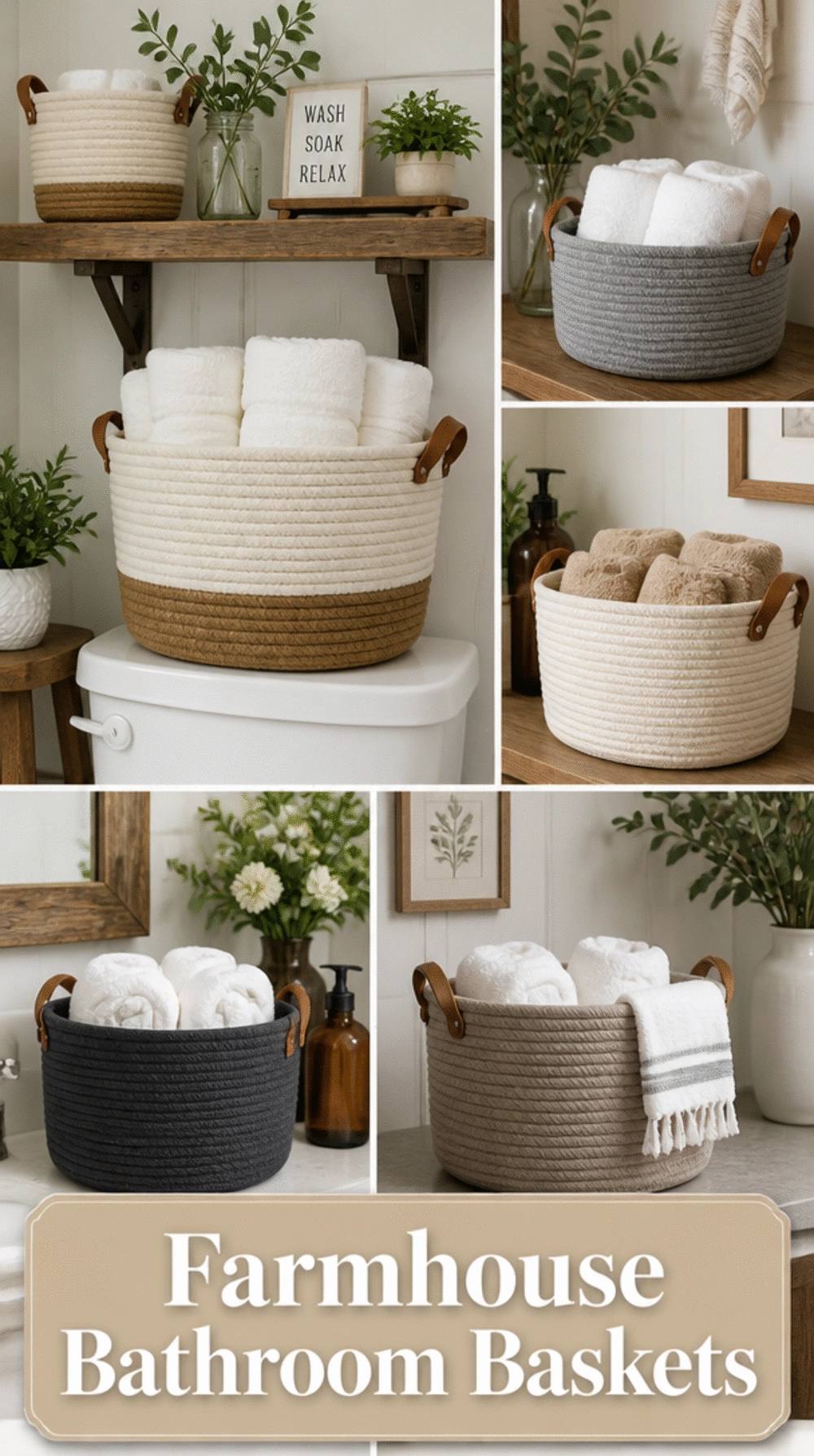Farmhouse Bathroom Cotton Rope Basket That Holds Spare Towels Neatly