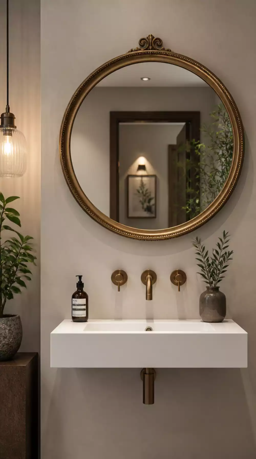 Powder Room Round Mirror with Brass Frame Above a Wall-Mounted Sink