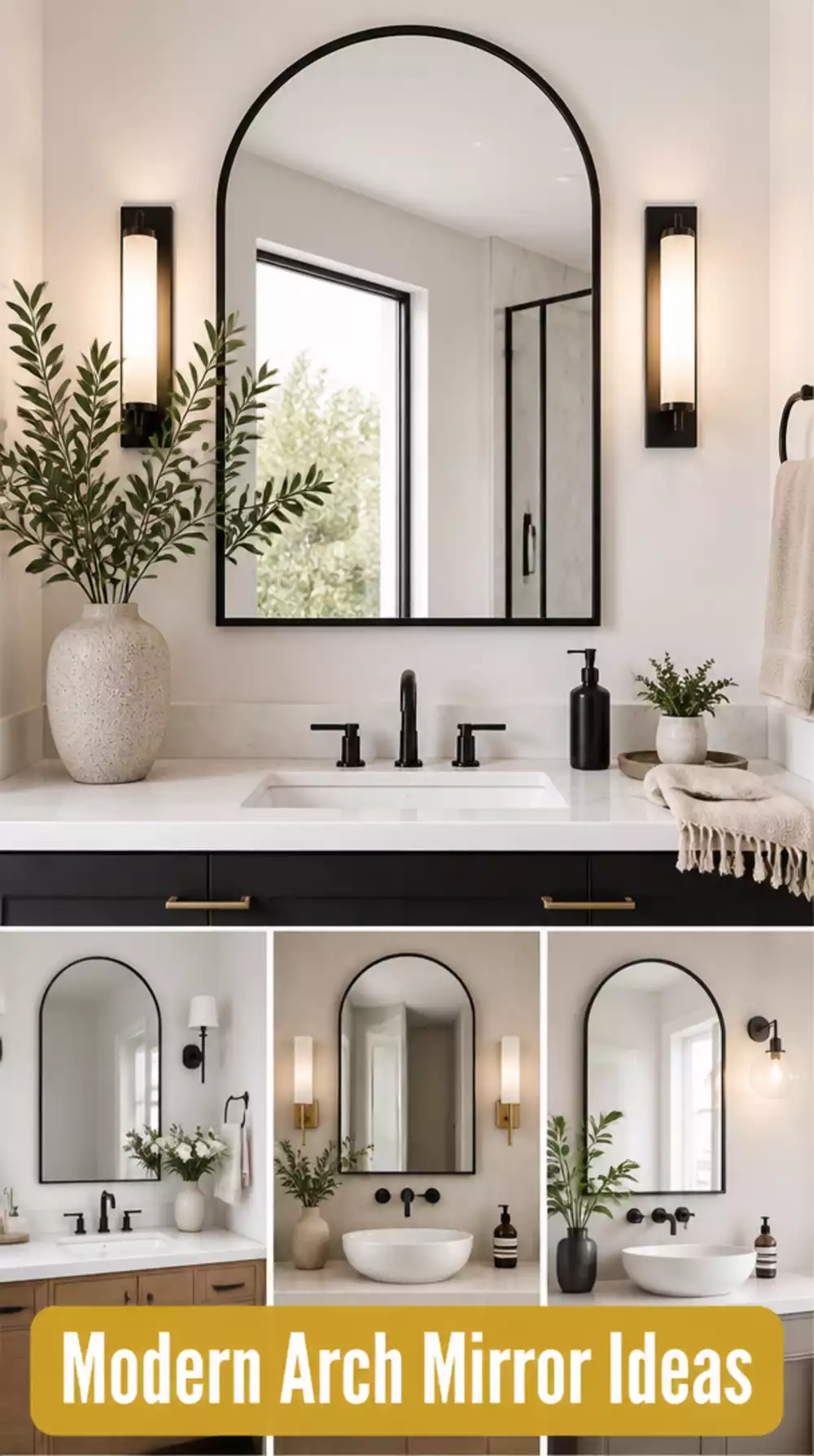 Bathroom Black Metal Arch Mirror That Gives a Vanity a Modern Dramatic Edge