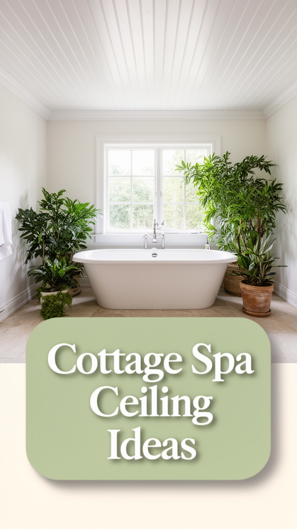 Bathroom Tongue-and-Groove Ceiling Panel in White for a Cottage Spa Feel