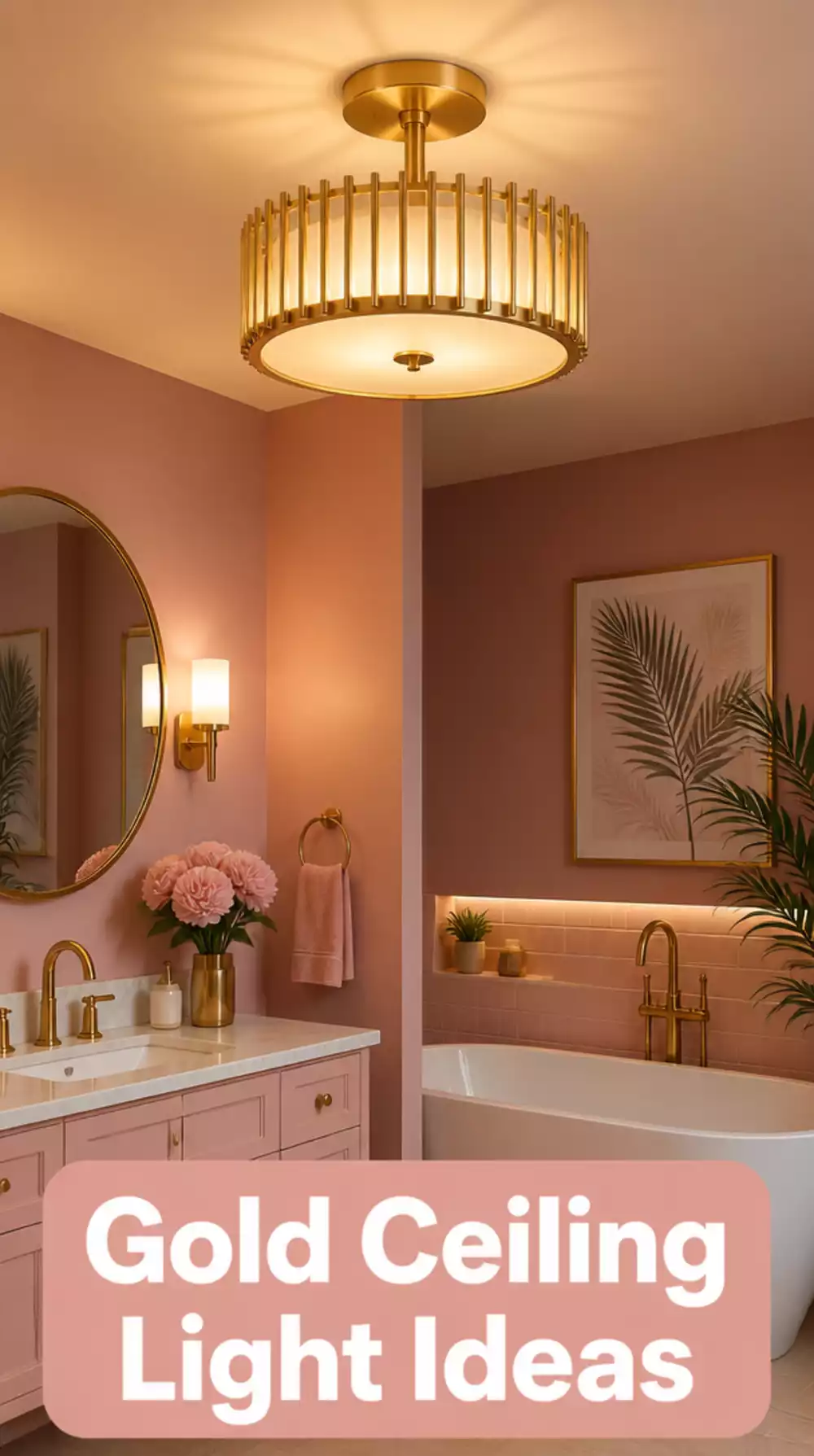 Why a Single Gold Ceiling Light Fixture Makes a Pink Bathroom Feel Grown-Up