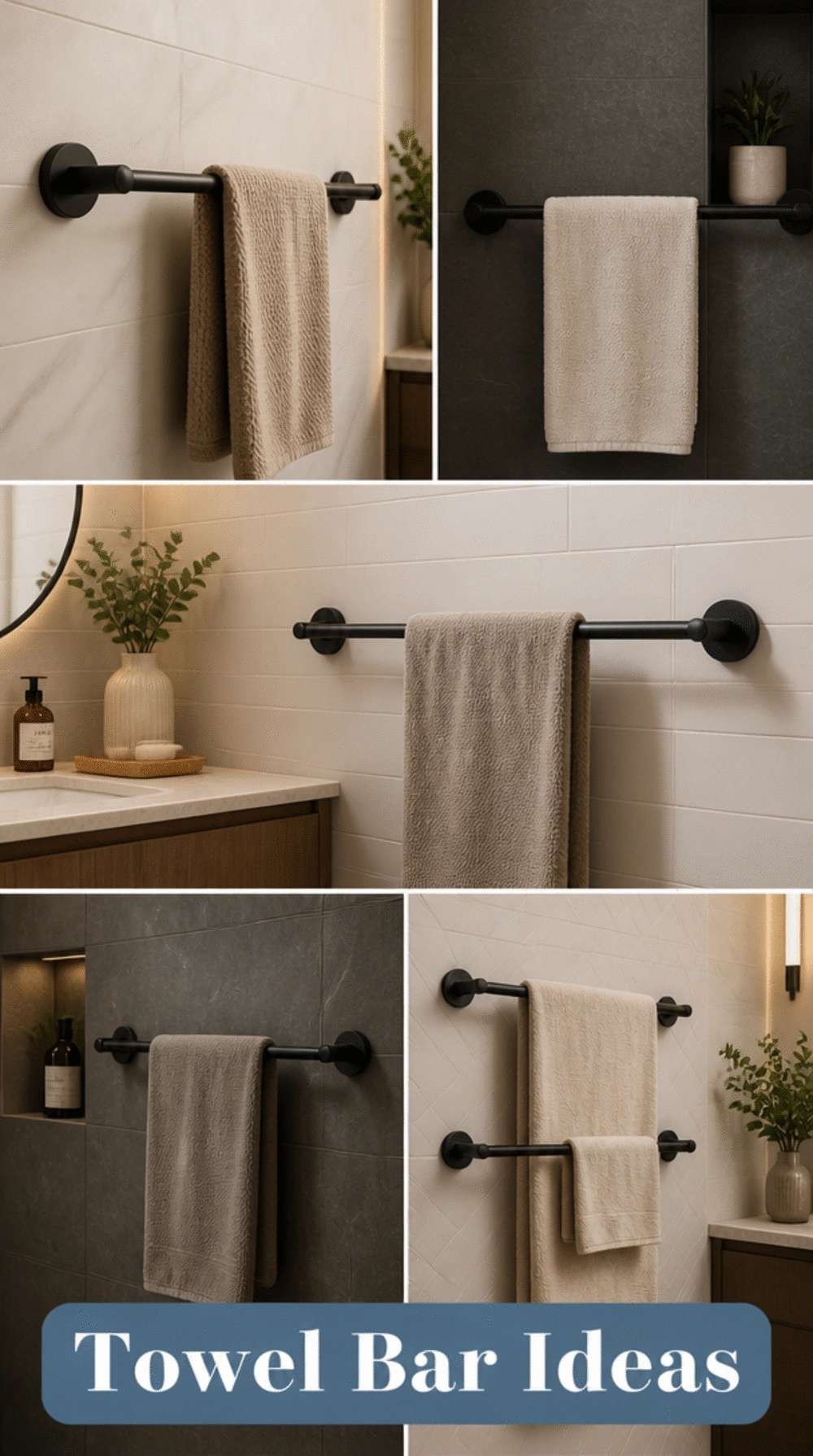 Matte Black Bathroom Towel Bar That Works Against Both Light and Dark Tile