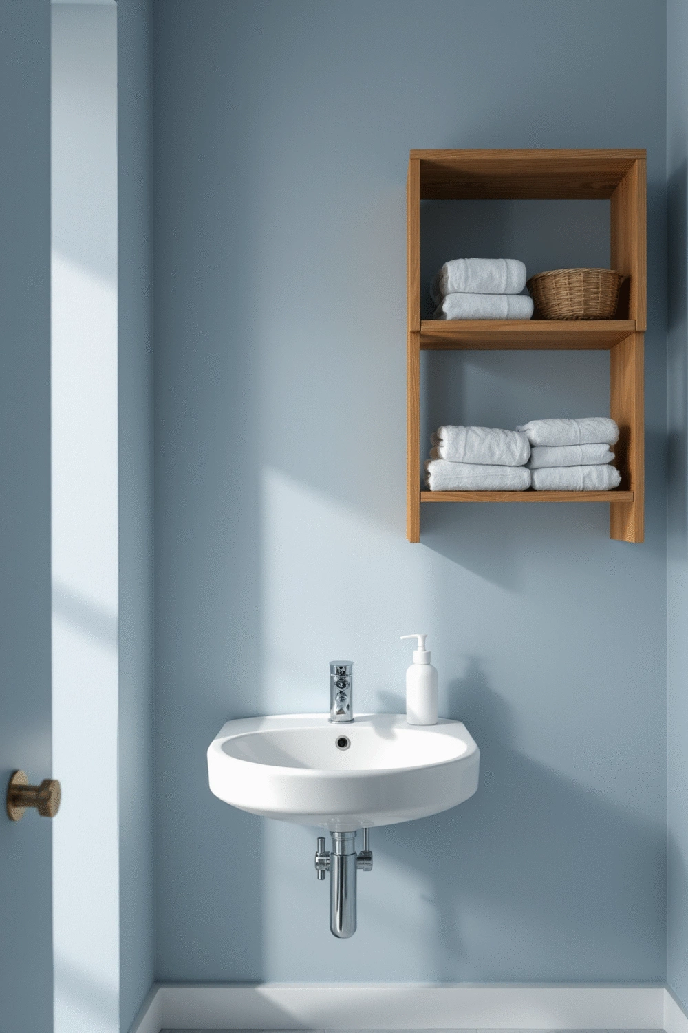 Bathroom interior with soft, muted blue walls, a white ceramic sink, and a wooden shelf with woven baskets