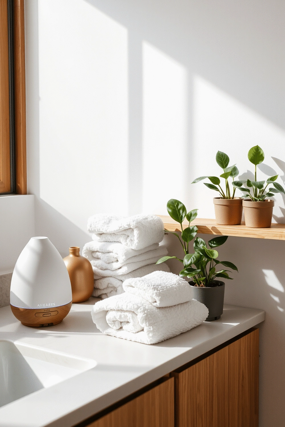 Bathroom with various aromatherapy diffusers, plush towels, and potted plants on a wooden shelf