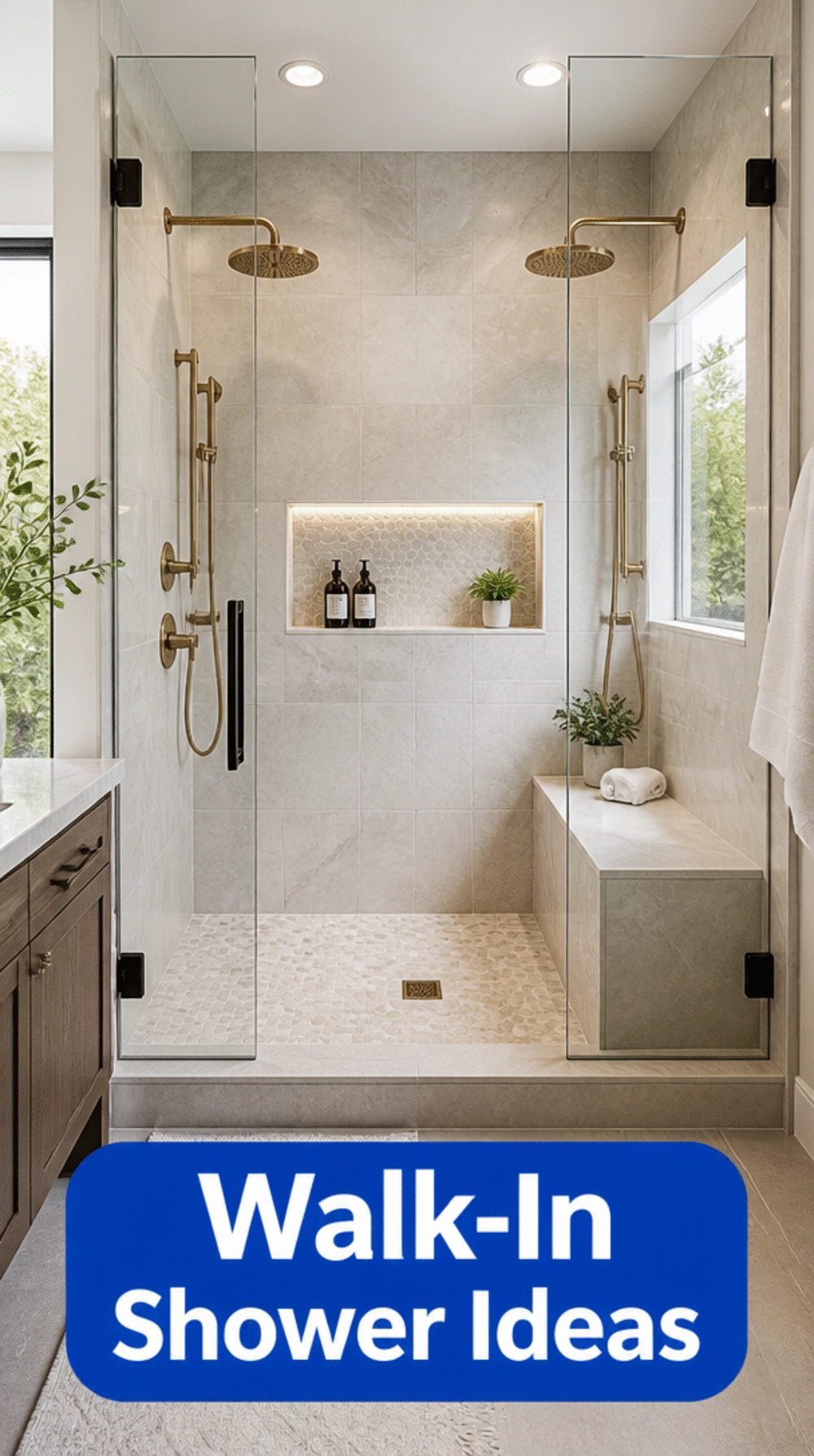 Master Bathroom Walk-In Shower with Bench Seat and Dual Shower Heads