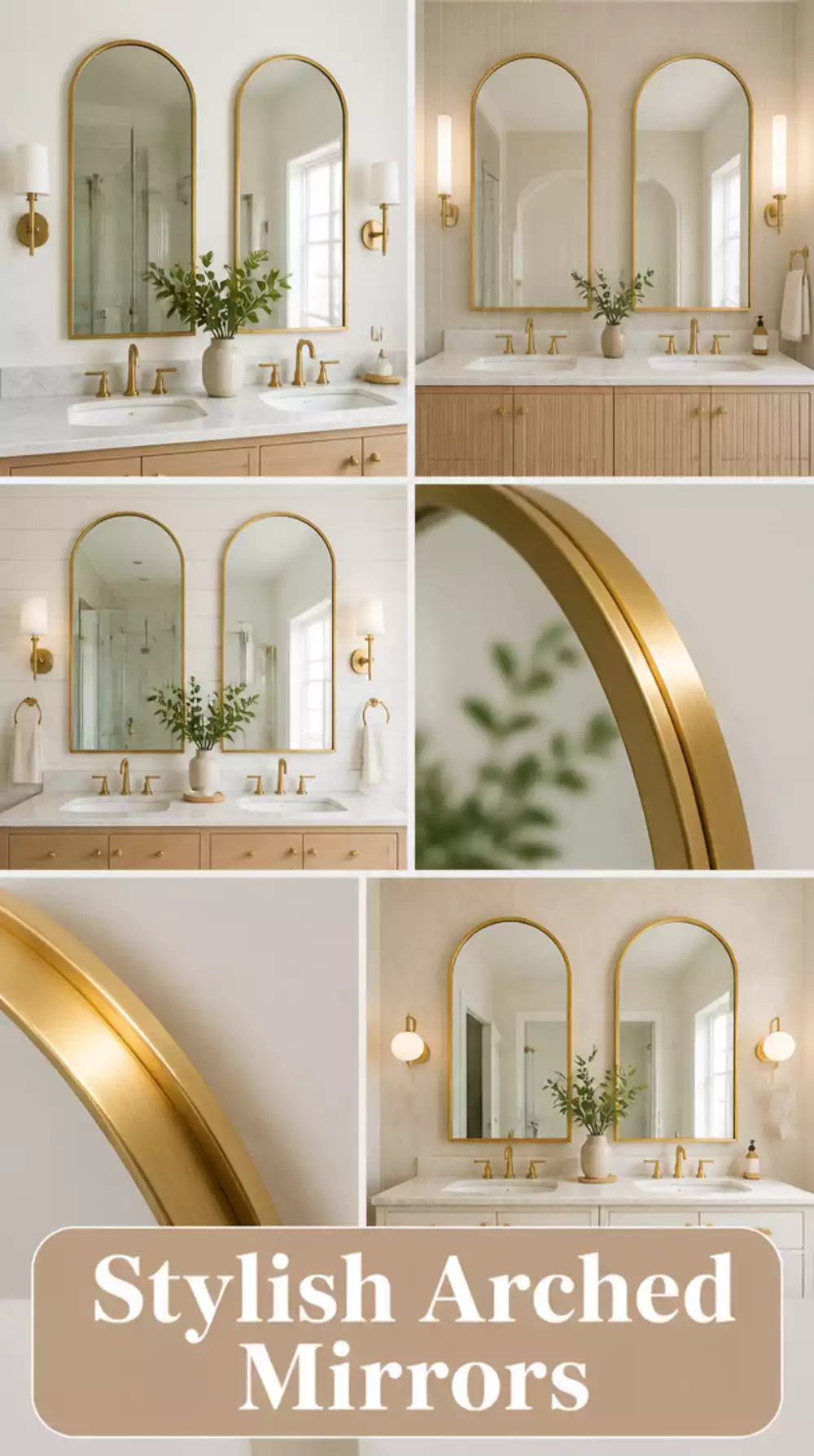 Bathroom Arched Mirror with Thick Brass Frame Above a Double Sink