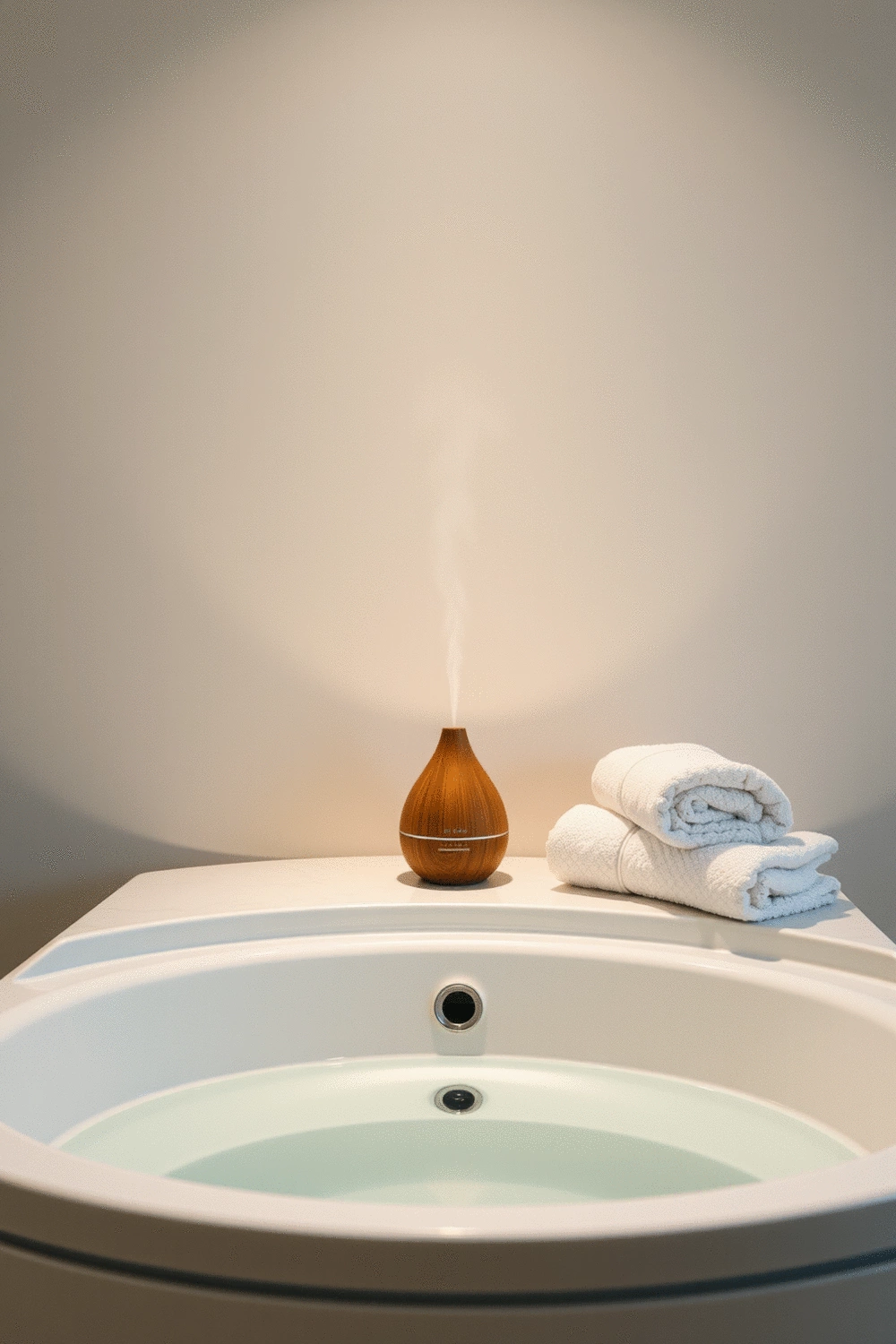 Serene bathroom with a warm bath, essential oil diffuser, soft towels, and gentle lighting