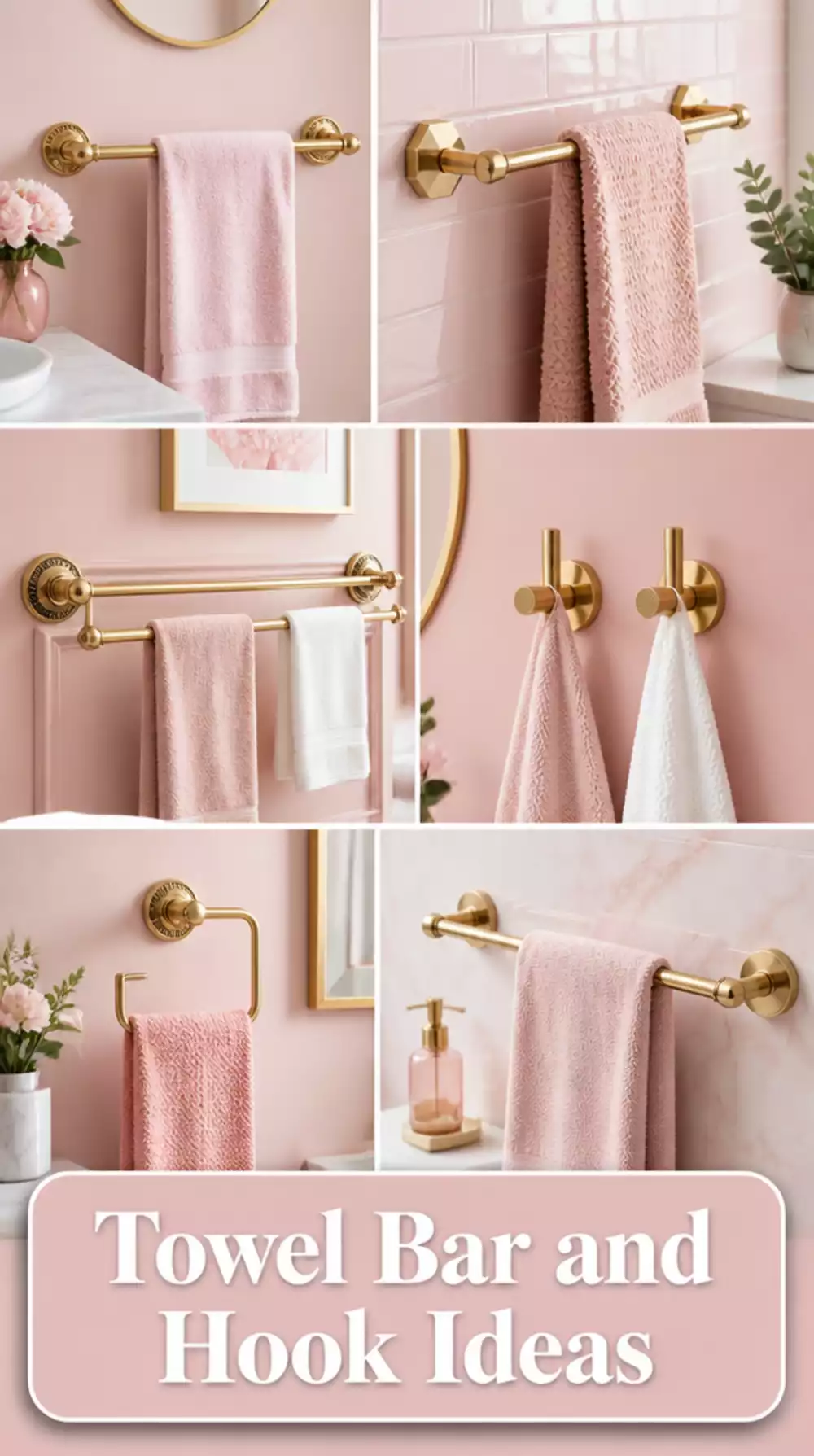 Bathroom Gold Towel Bar and Hook Set That Makes a Pink Scheme Feel Polished