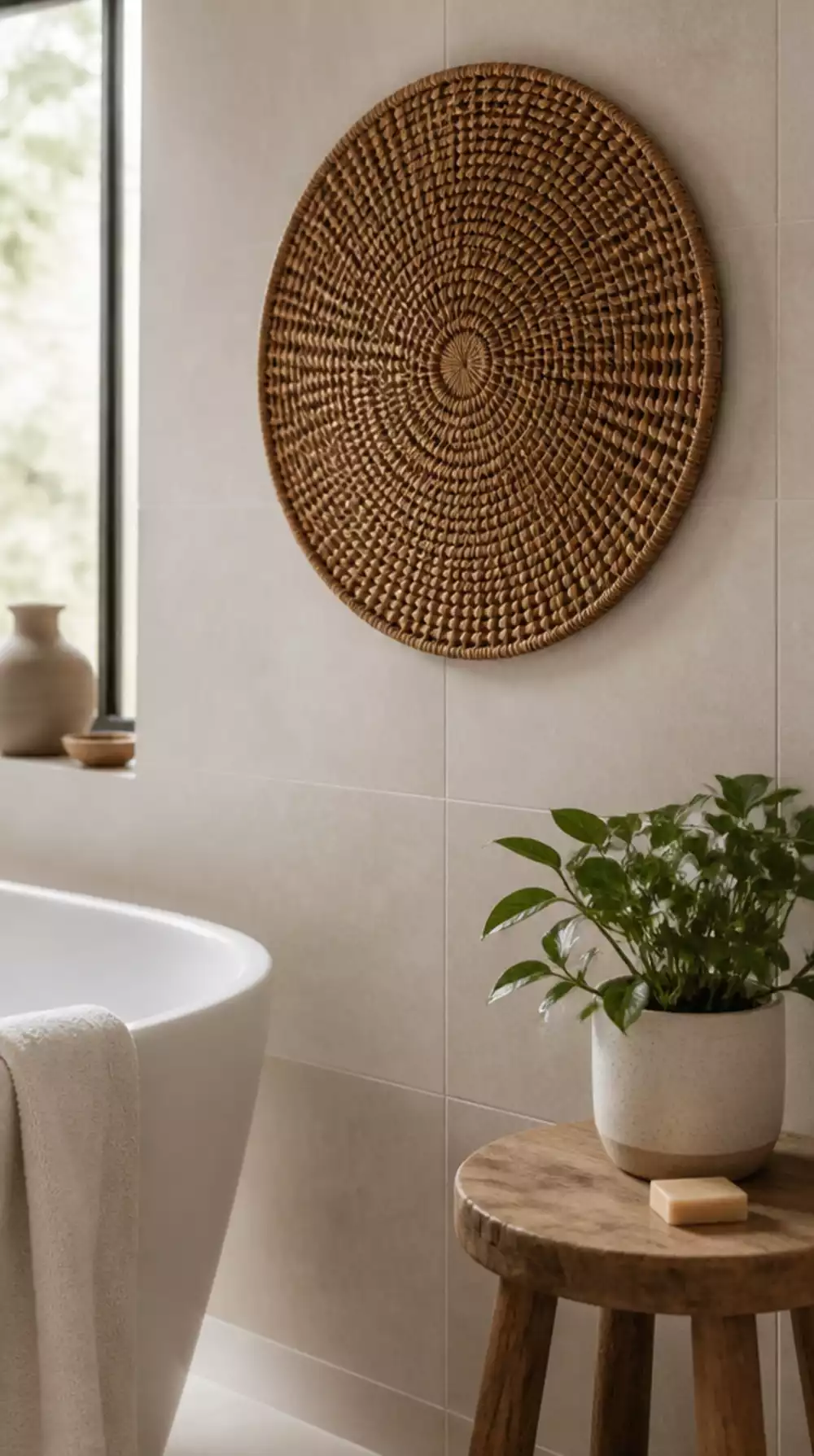 Bathroom Woven Rattan Wall Hanging That Adds Texture to a Plain Tile Wall