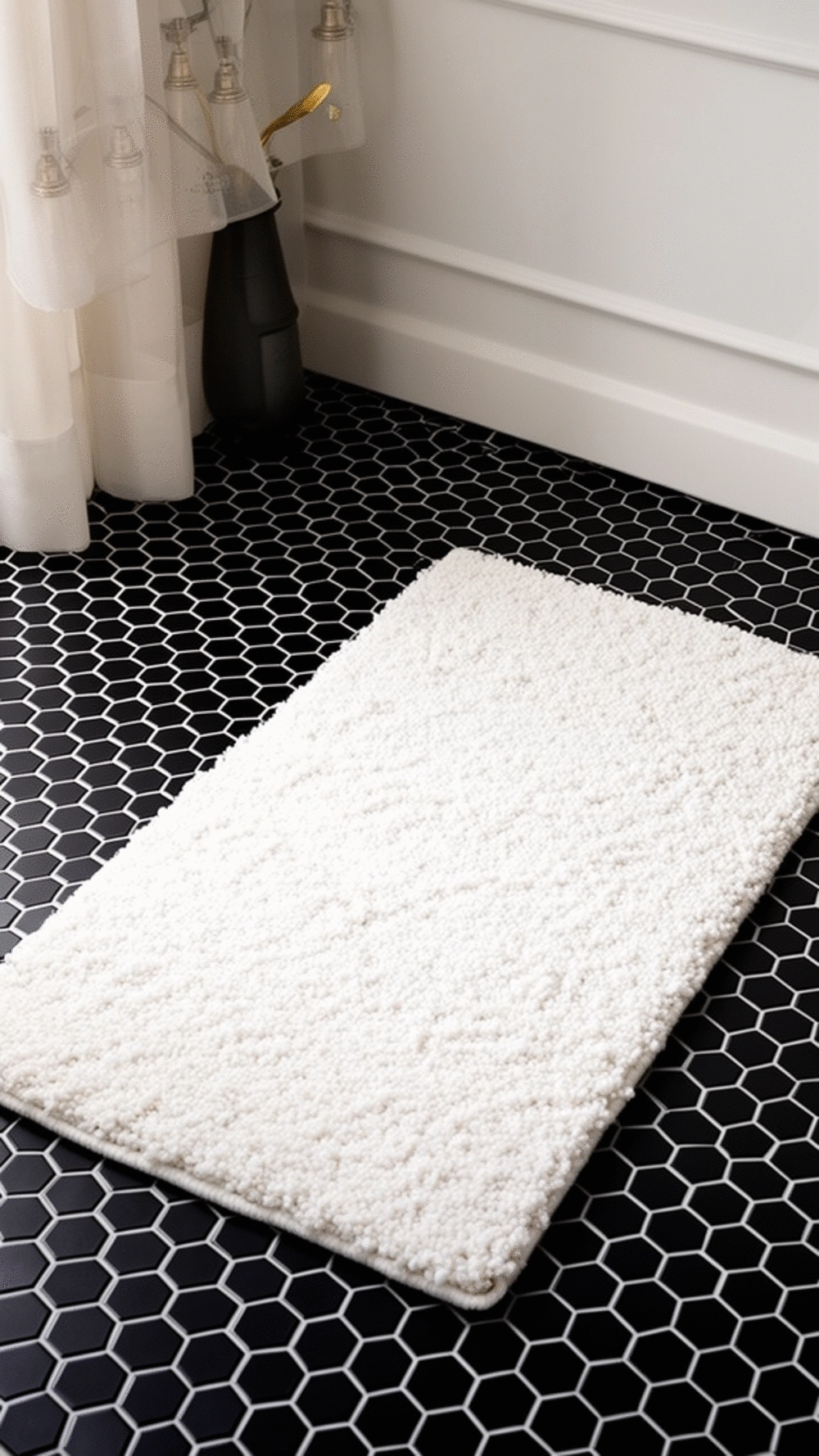 Bathroom White Boucle Bath Mat Against a Black Hexagon Floor Tile