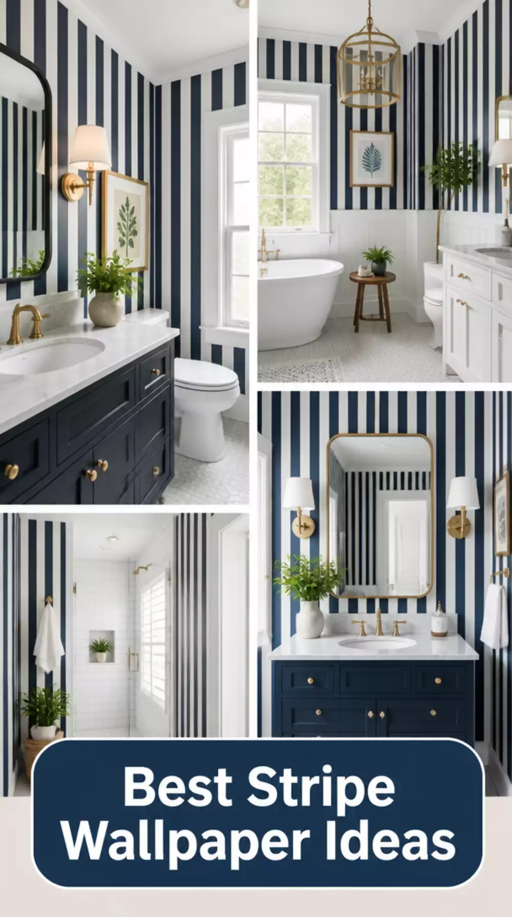 Bathroom Stripe Wallpaper in Vertical Navy and White to Make Ceilings Feel Higher