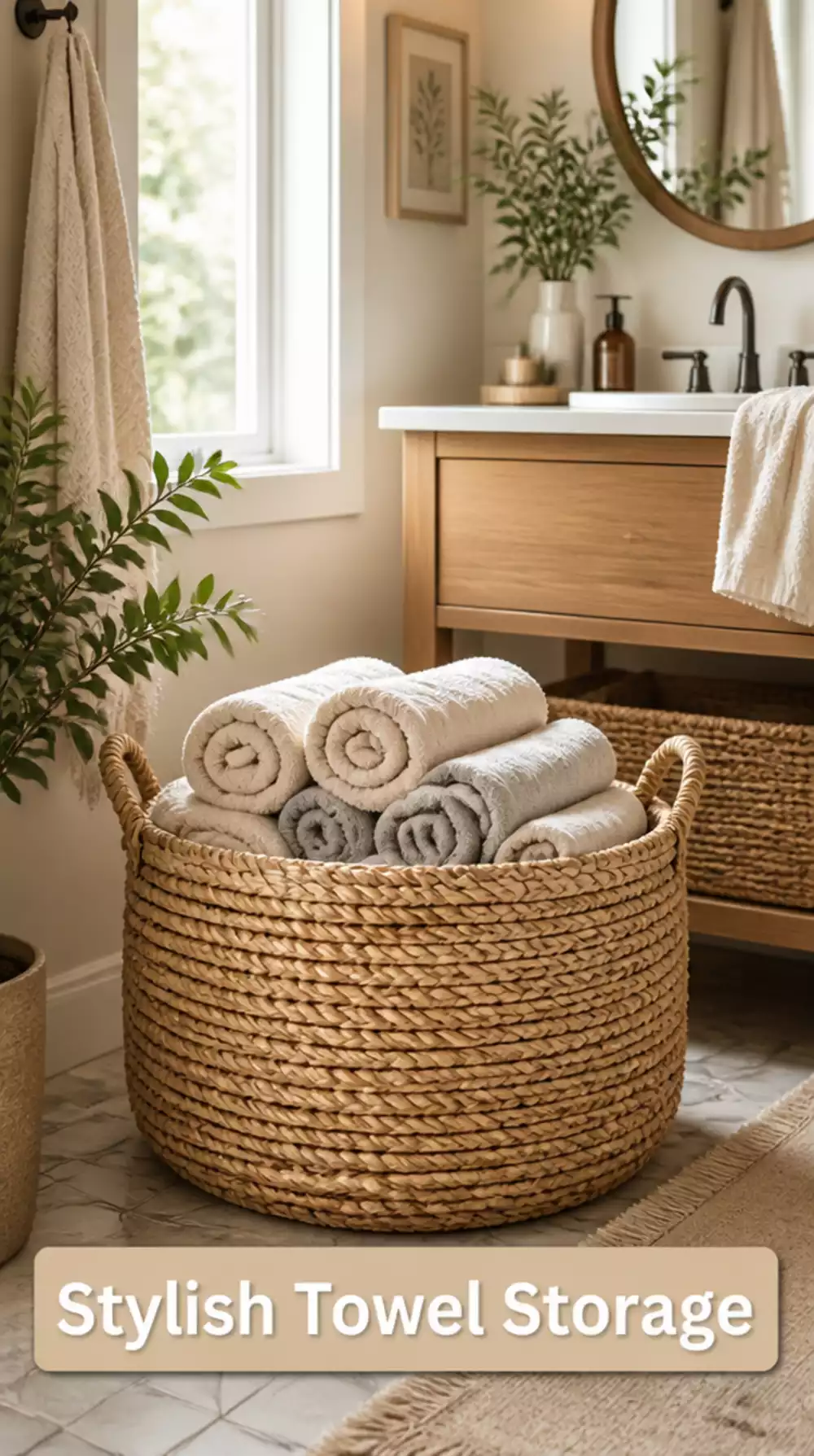 Woven Basket with Rolled Guest Towels for a Chic Bathroom Look