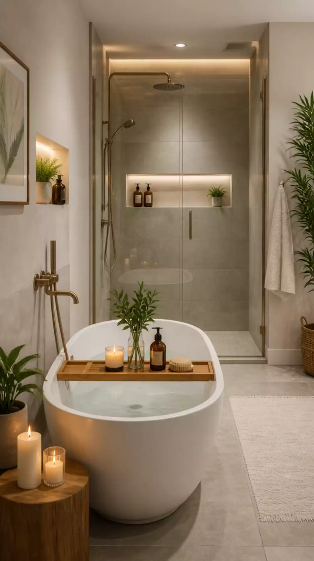 Bathroom Freestanding Tub Facing a Walk-In Shower for a Spa Suite Layout