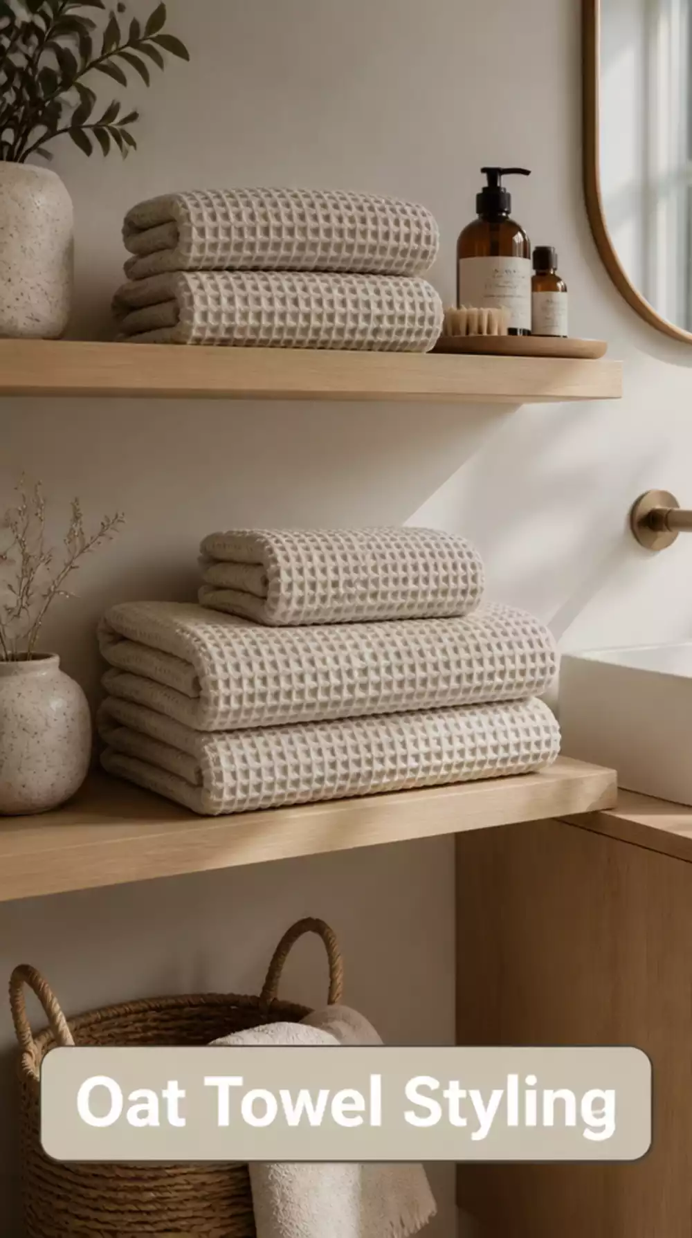 Oat Linen Waffle Towel Set on Nordic Shelf Decor Ideas