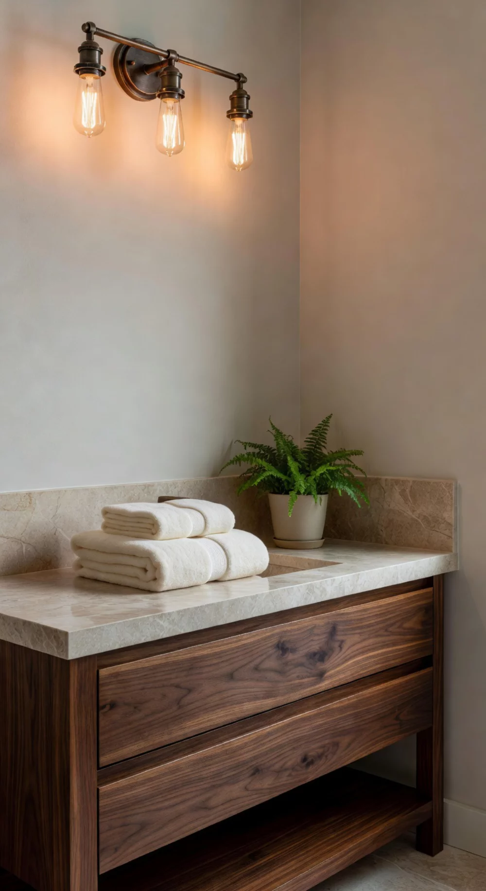 Walnut Wood Bathroom Vanity That Warms Up an All-Neutral Palette