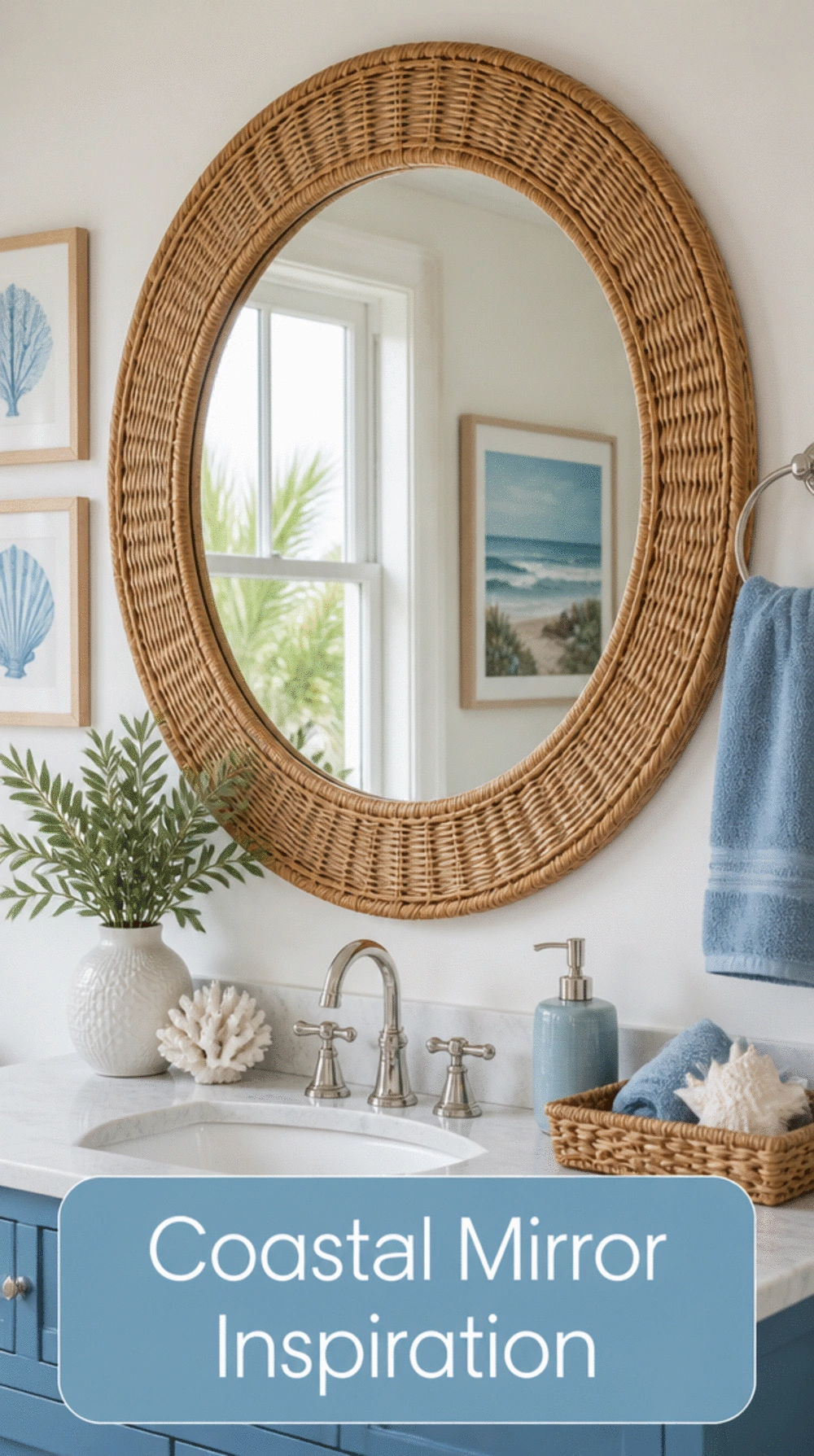 The Blue Bathroom Rattan Mirror Frame That Ties a Coastal Scheme Together
