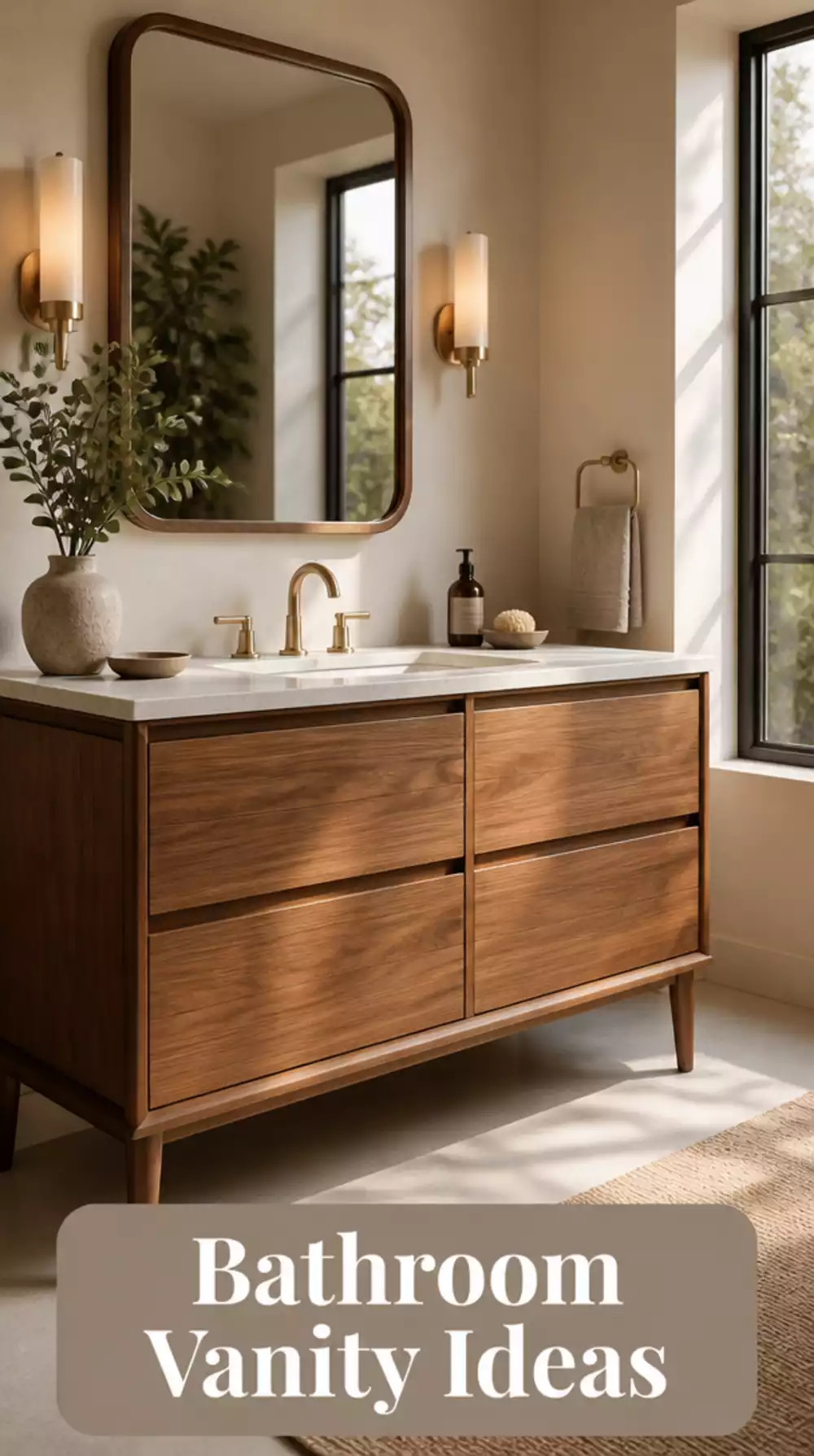 Bathroom Walnut Vanity with Tapered Legs and Flat-Front Drawers