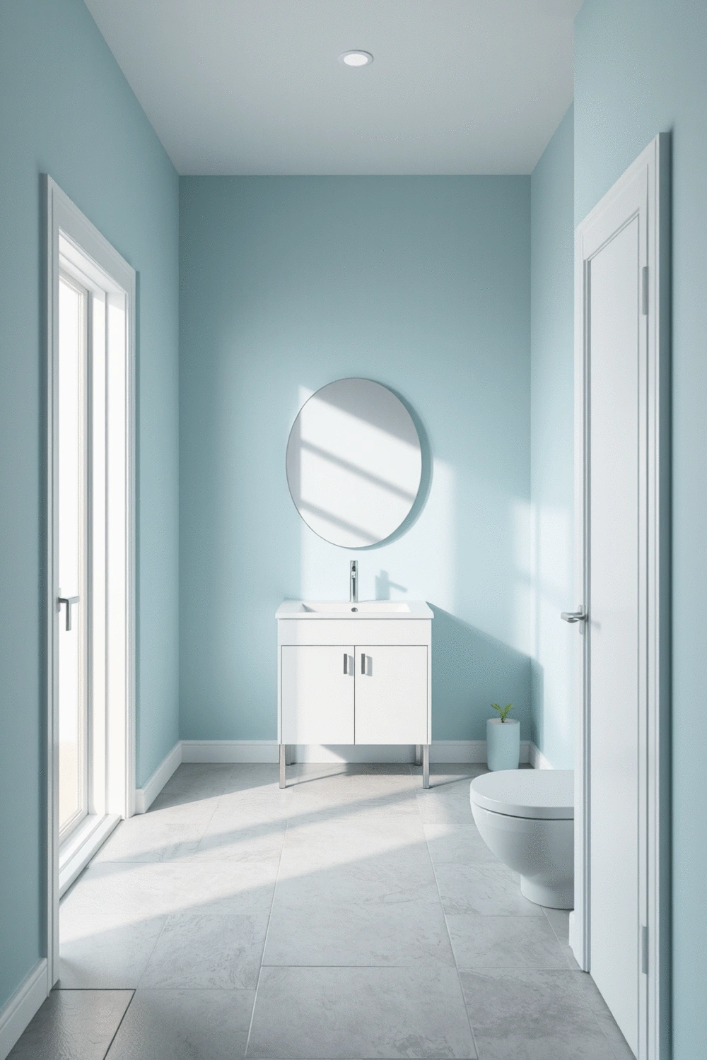 Bathroom interior with cool color palette, minimalist design, and subtle botanical elements