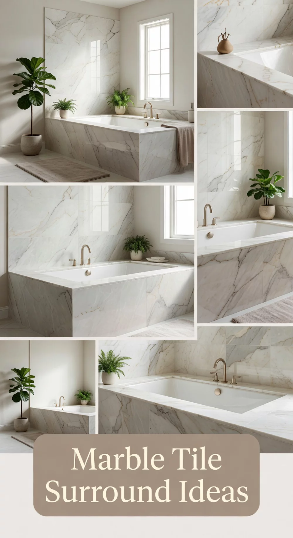 Bathtub Surround in Large-Format Marble Tile That Creates a Seamless Slab Look