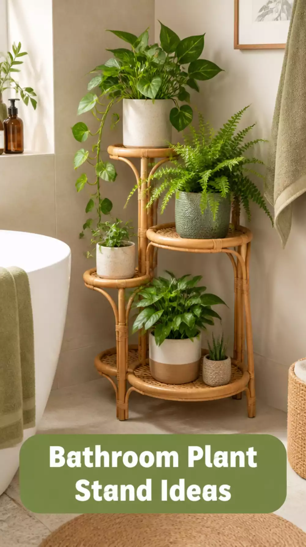 Bathroom Rattan Plant Stand in a Corner That Layers Multiple Small Pots