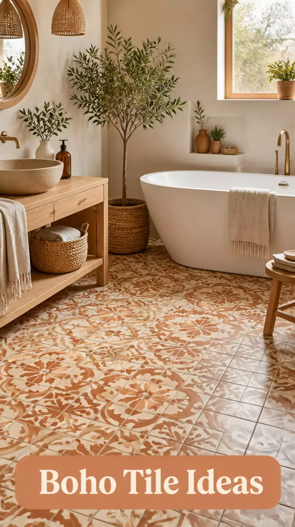 Boho Bathroom Patterned Tile Ideas in Warm Rust and Cream