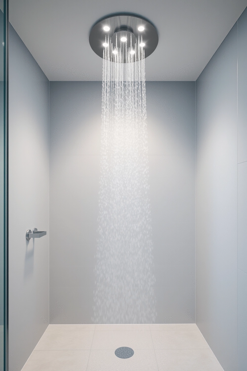 Modern bathroom interior with a luxurious rainfall showerhead and steam coming from the shower area, clean design, soft lighting.