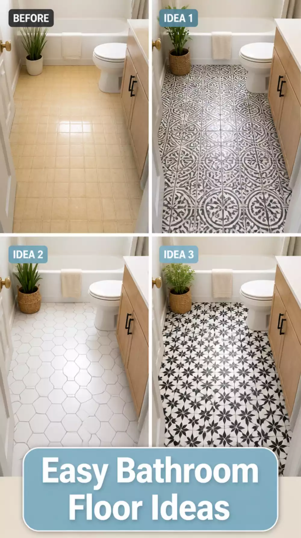 Bathroom Adhesive Tile Sticker Set That Covers a Dated Linoleum Floor