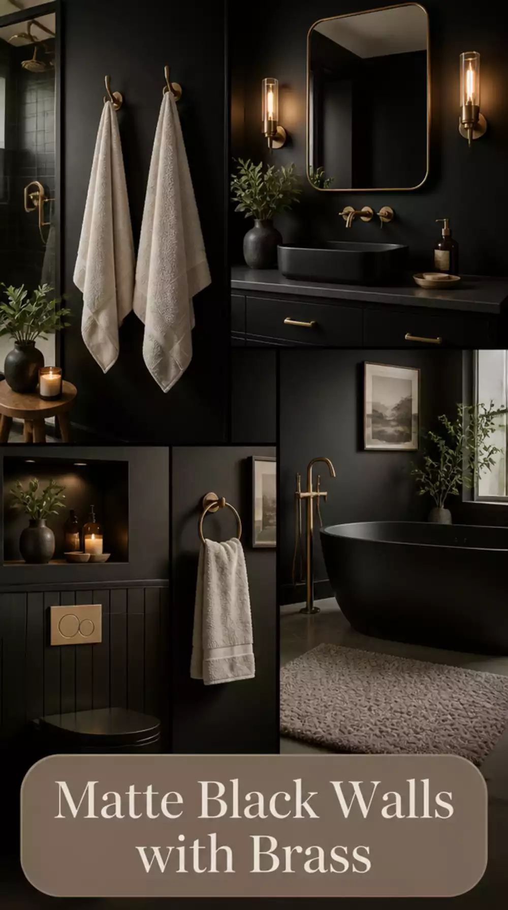 Bathroom Matte Black Wall Paint Paired with Warm Brass Towel Hooks