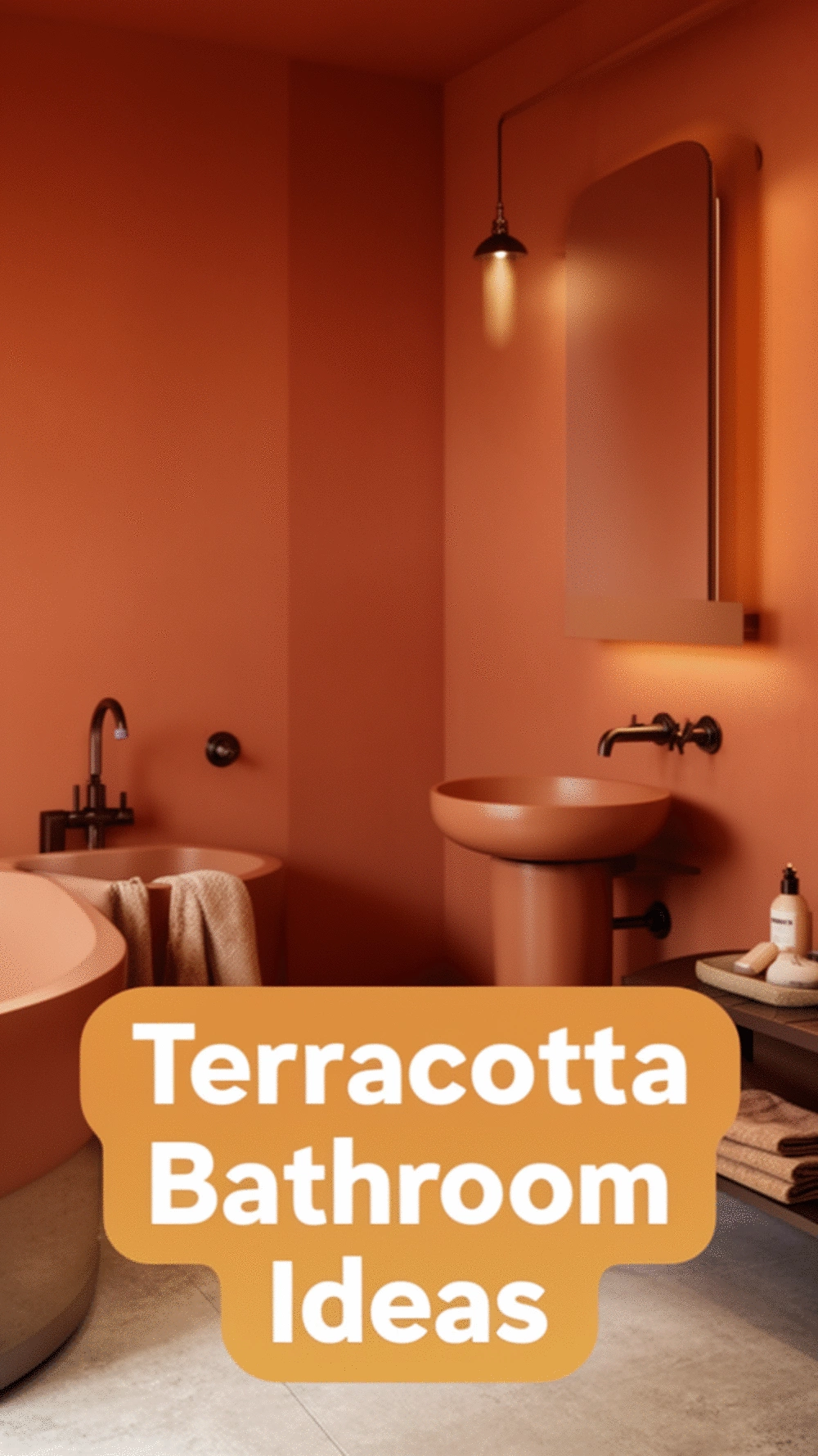 Bathroom Terracotta Wall Color Paired with Matte Bronze Hardware