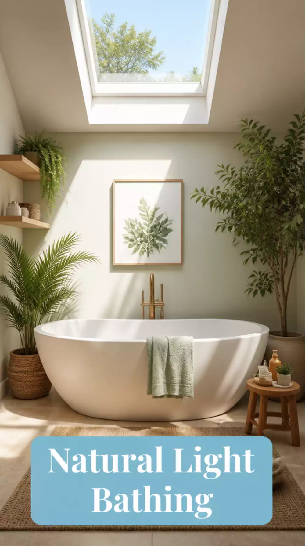 Bathroom Freestanding Oval Tub Positioned Under a Skylight for Natural Light