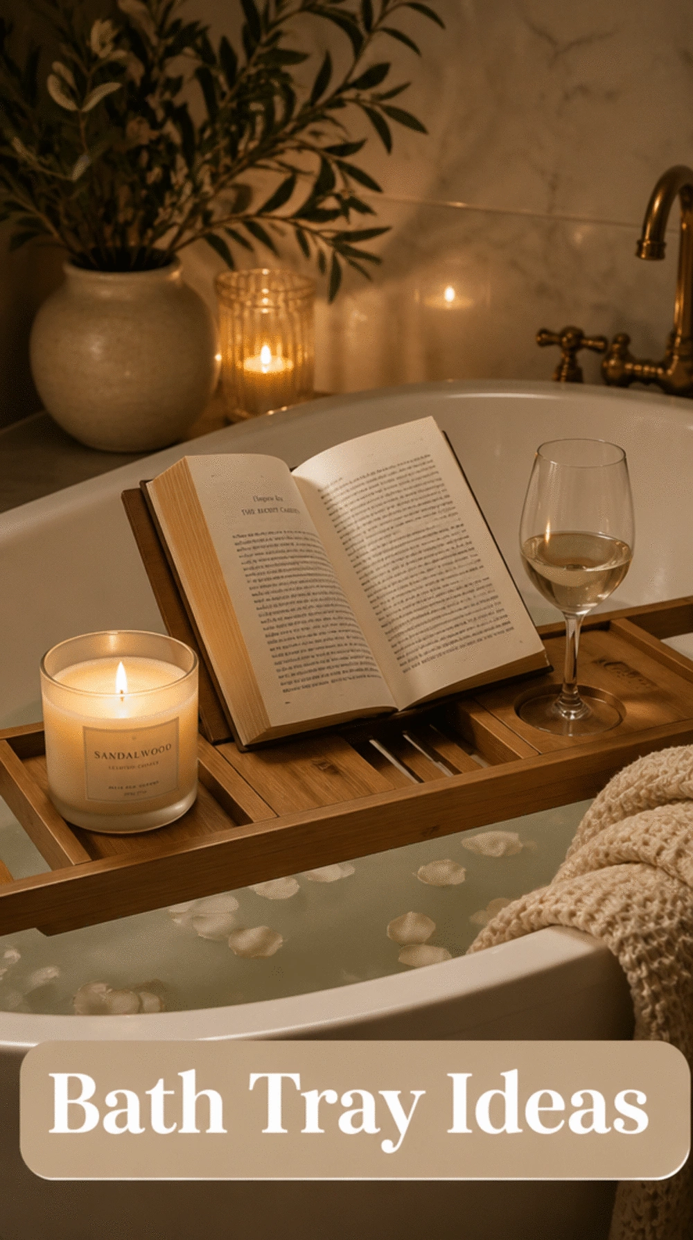 Wooden Bathroom Bath Tray That Holds a Book, Candle, and Wine Glass