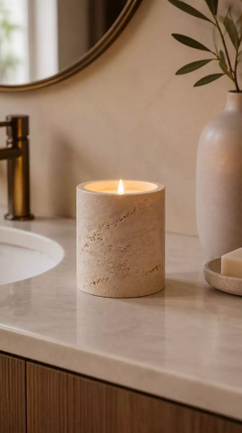 Bathroom Sculptural Candle Holder in Travertine That Doubles as Counter Decor