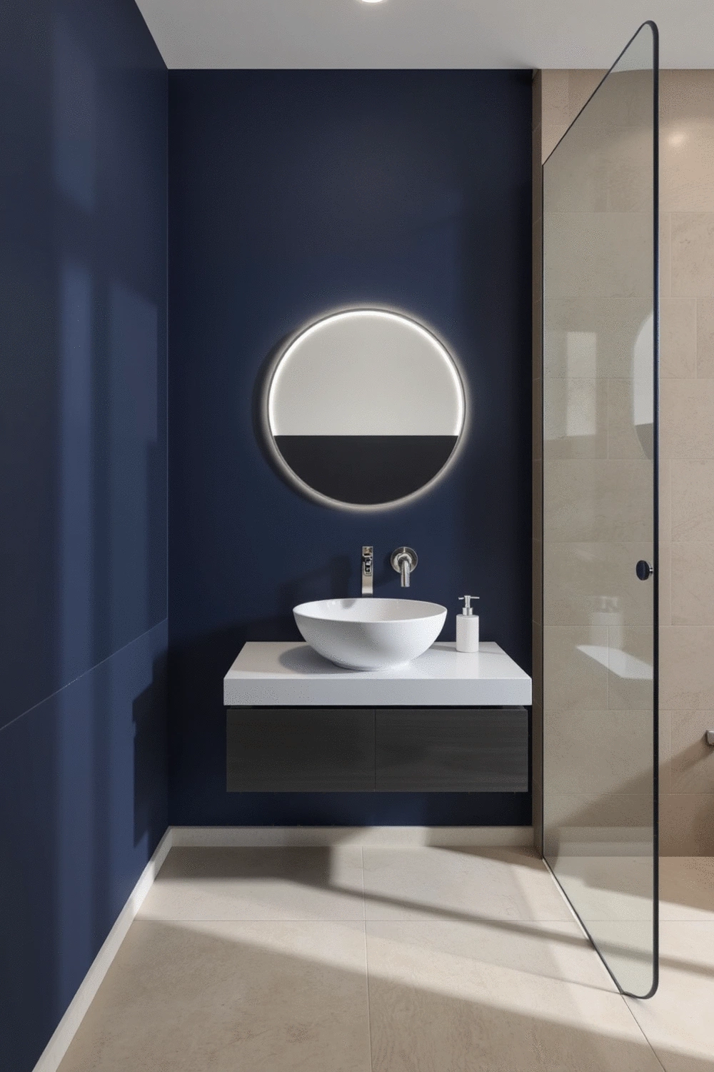 Stylish bathroom with an accent wall, decorative tiles, and sophisticated lighting