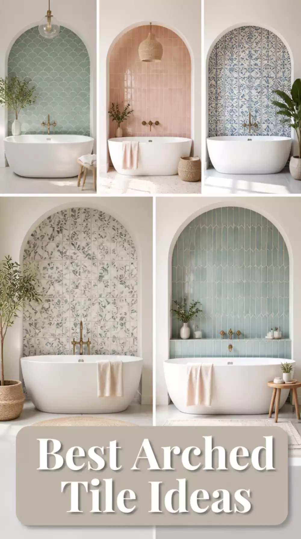 Bathroom Arched Tile Panel That Creates a Feature Wall Behind a Freestanding Tub