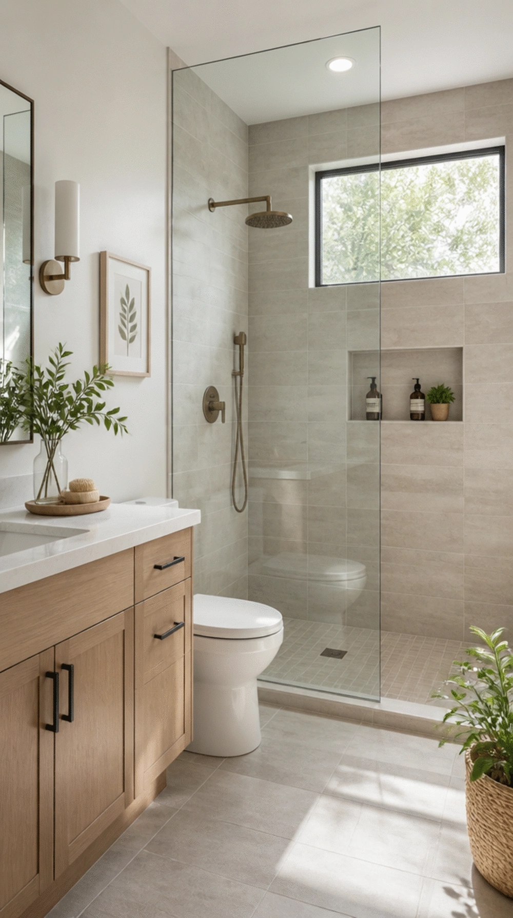 Small Bathroom Walk-In Shower with Frameless Glass Panel and No Door
