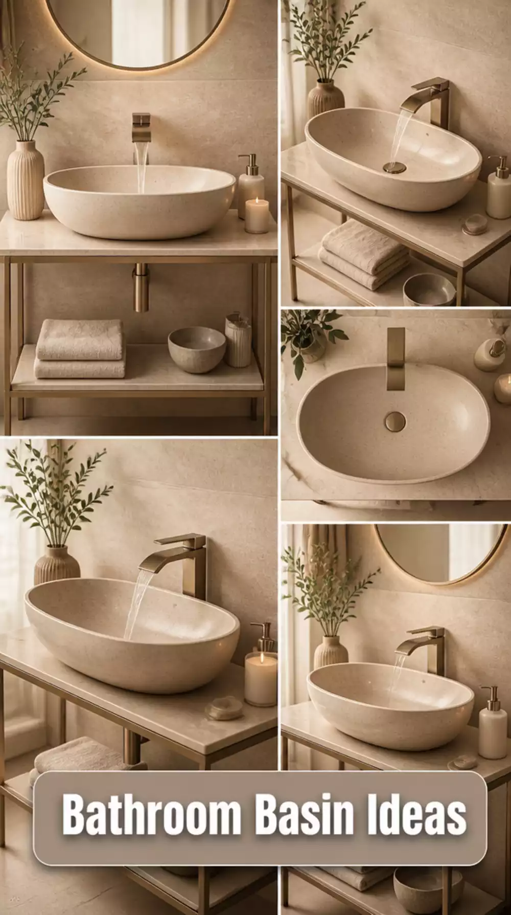 Bathroom Statement Oval Basin on a Slim Console Table in a Warm Sand Tone