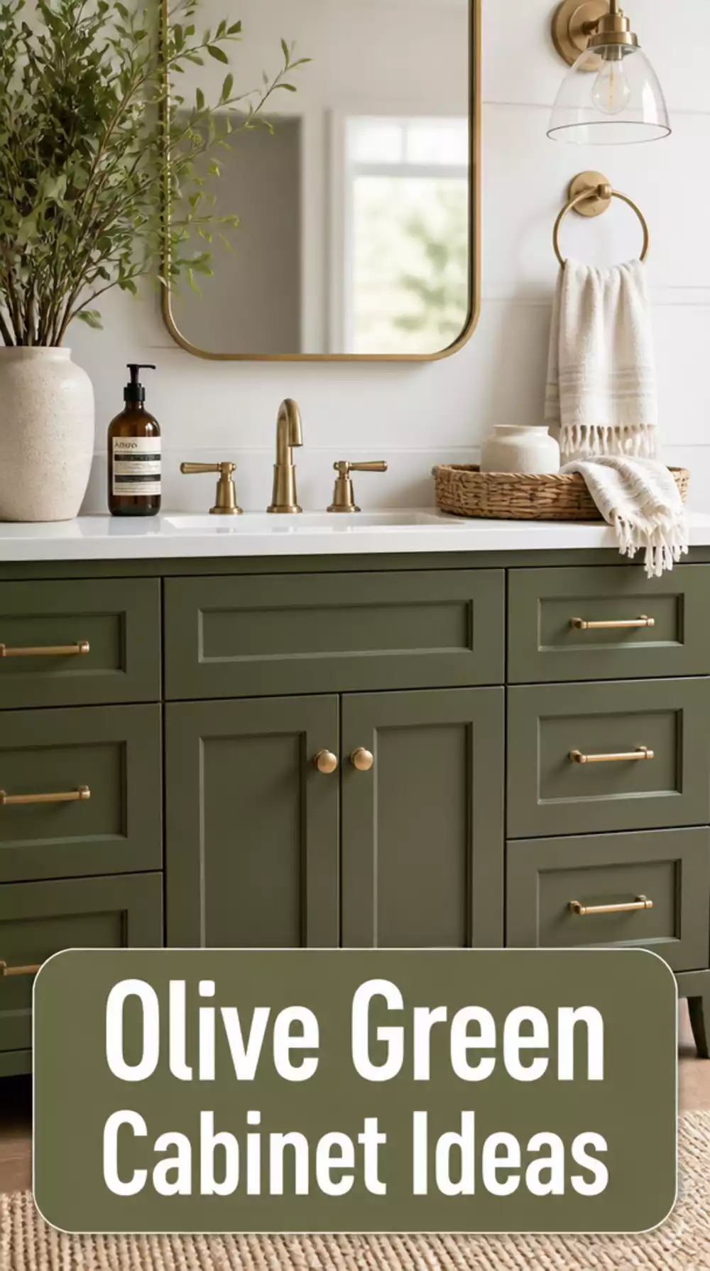 Bathroom Olive Green Painted Cabinet Below a White Ceramic Sink
