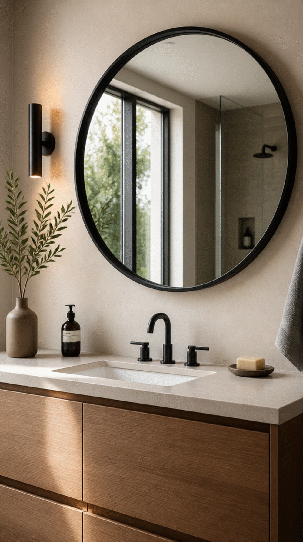 Matte Black Bathroom Mirror Frame That Ties Dark Fixtures into a Full Scheme