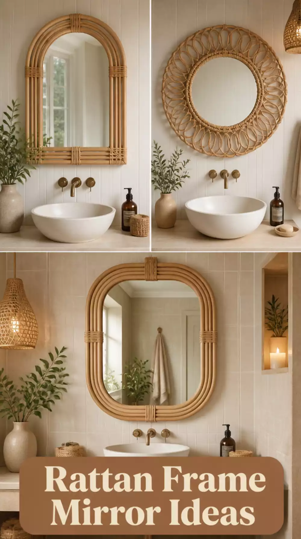 Bathroom Rattan Frame Mirror That Adds Organic Texture to a Plain Tile Wall