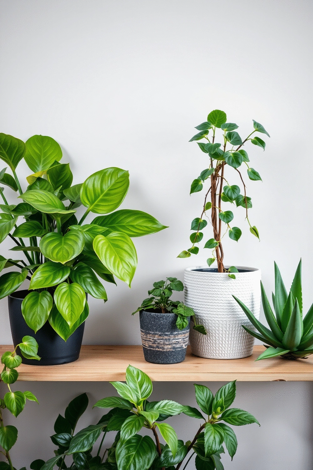 Collection of potted plants suitable for a bathroom, including a Snake Plant, Pothos, and Aloe Vera, on a shelf