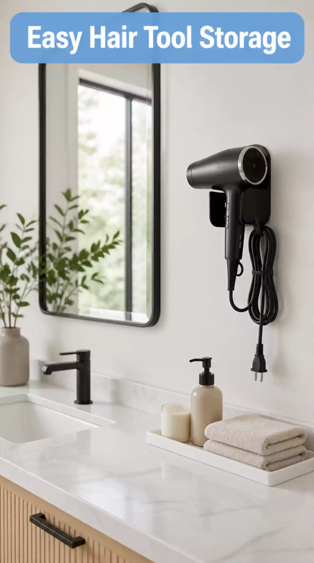 Bathroom Wall-Mounted Hair Dryer Holder That Keeps a Counter Completely Clear