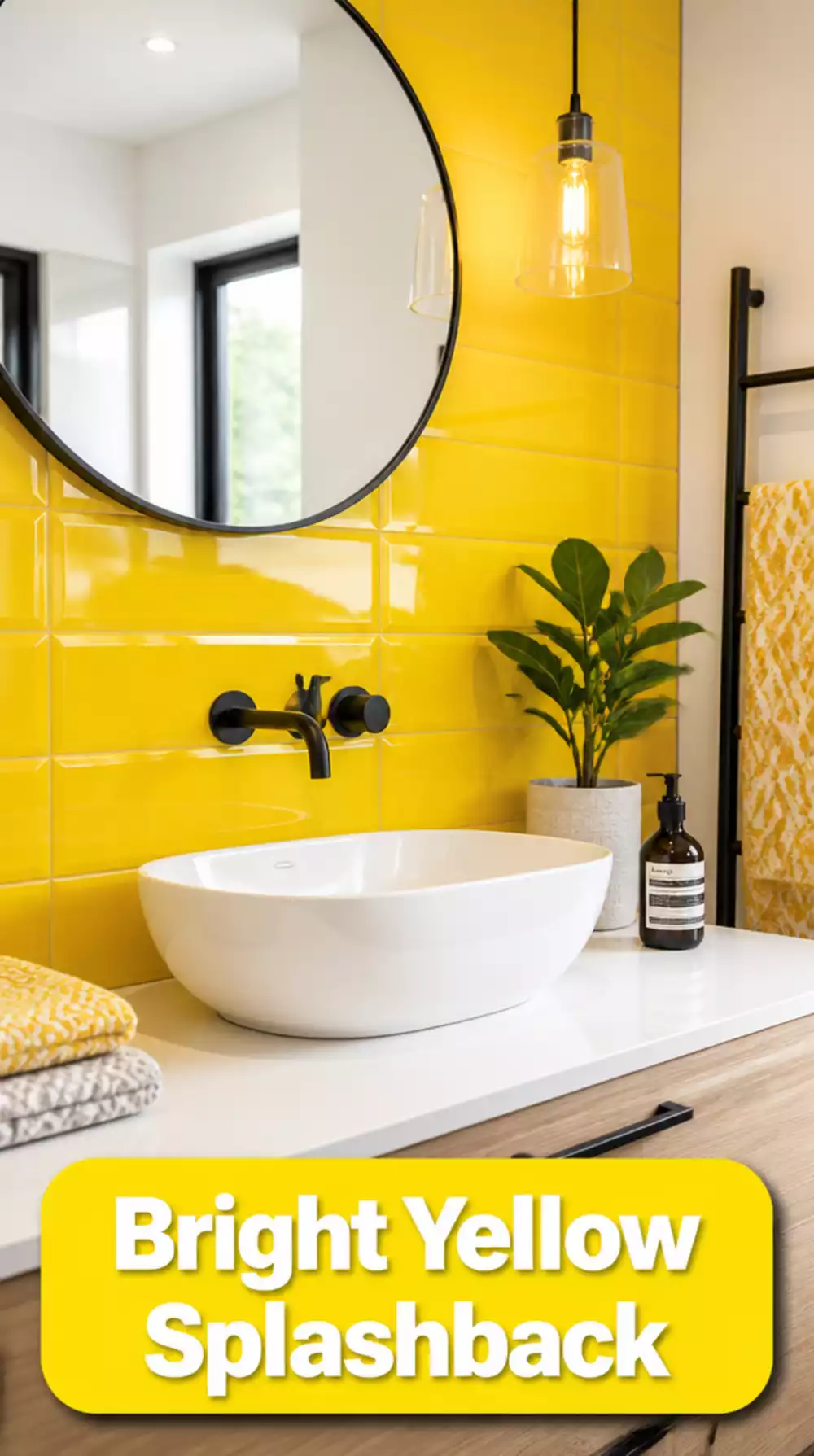 Bathroom Lemon Yellow Gloss Tile Splashback That Makes a White Room Pop